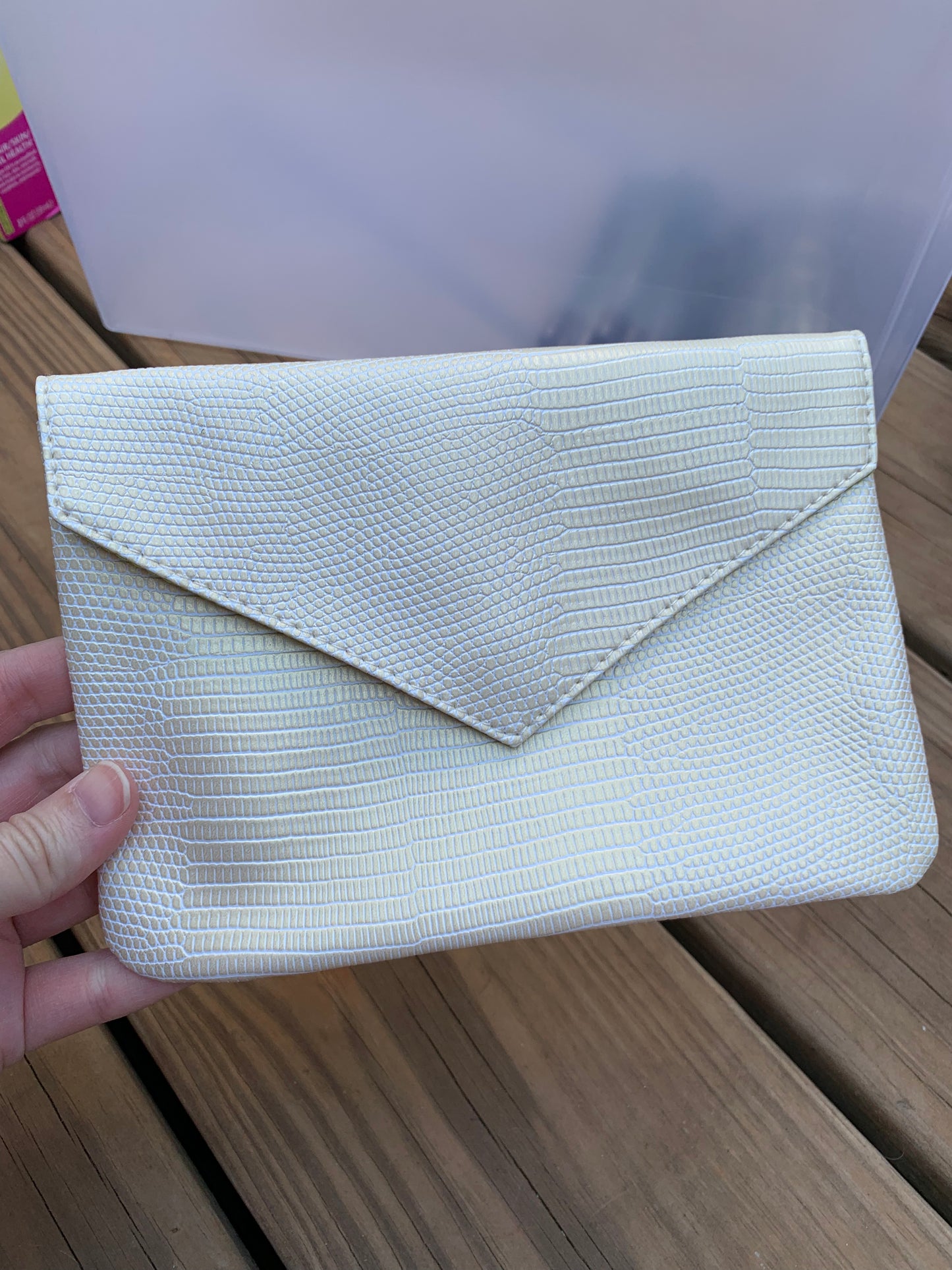 Beige faux snakeskin envelope bag, August Ipsy Glambag Makeup Bag