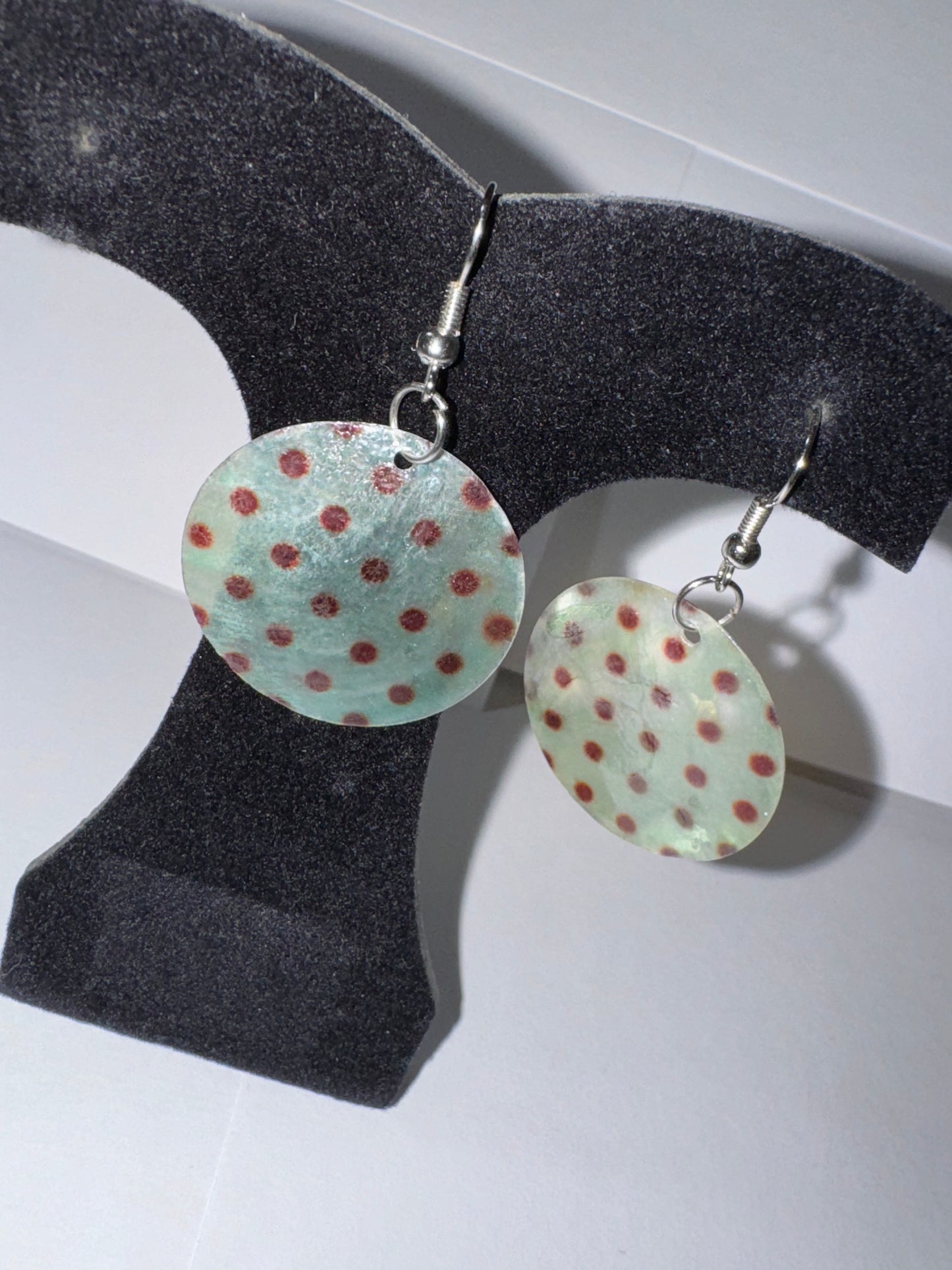 Round Blue and Brown Capiz Shell Dangle Earrings