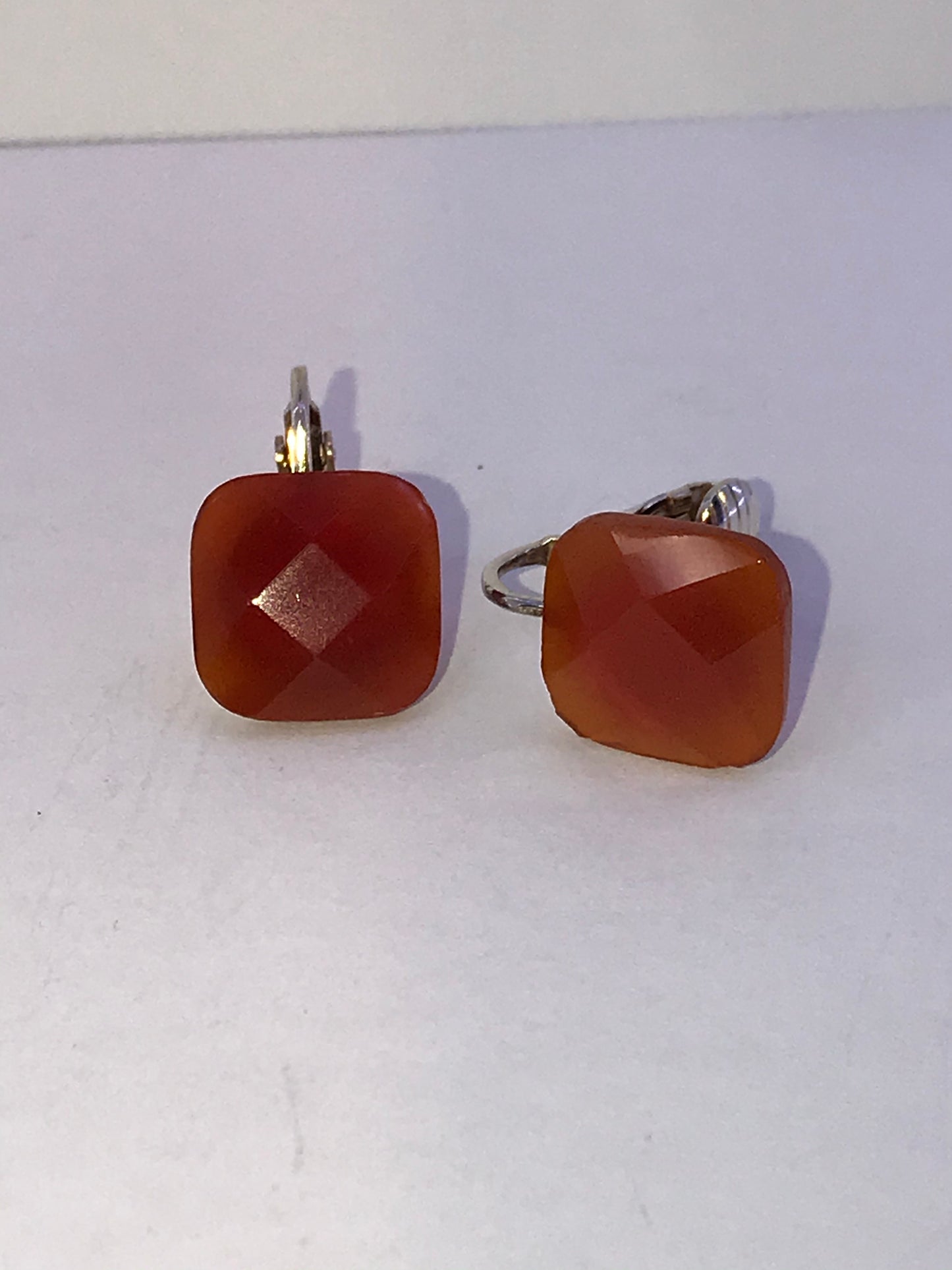 Square faceted Carnelian Clip Earrings