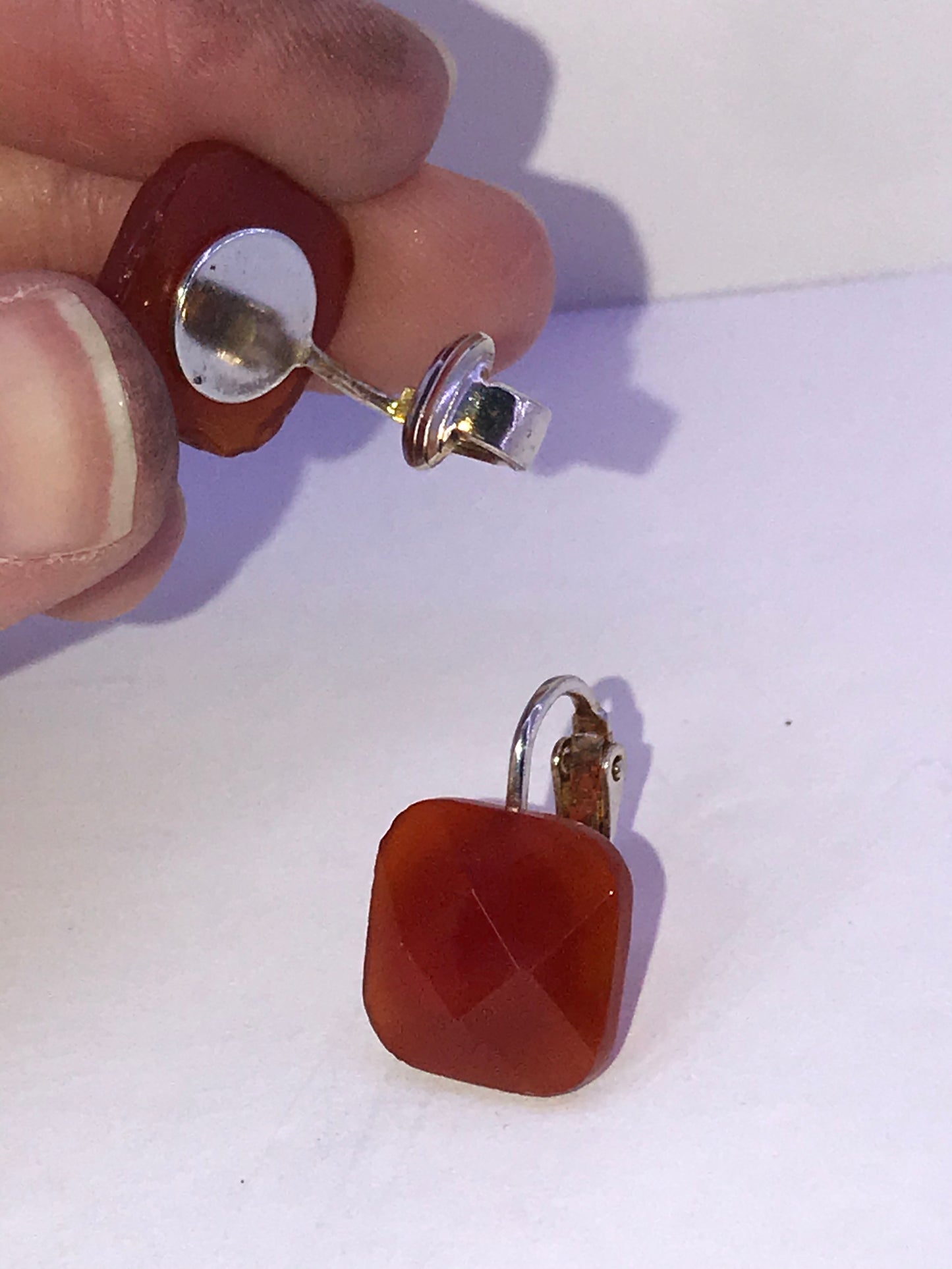 Square faceted Carnelian Clip Earrings