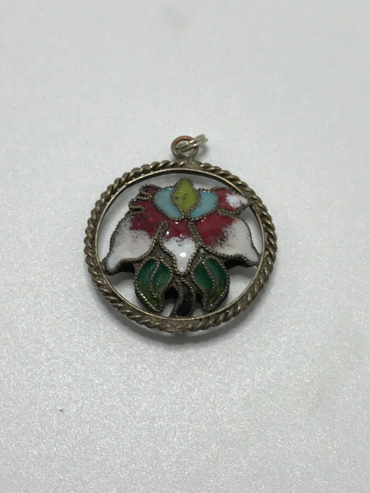 Vintage Sterling Silver Round Cloisonne Pendant
