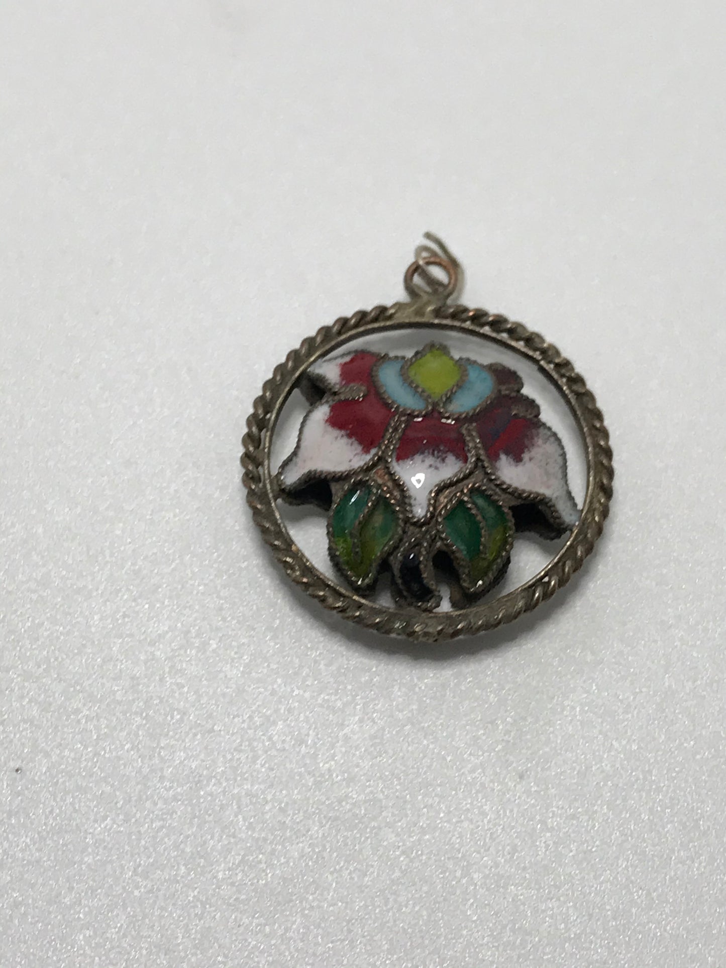 Vintage Sterling Silver Round Cloisonne Pendant