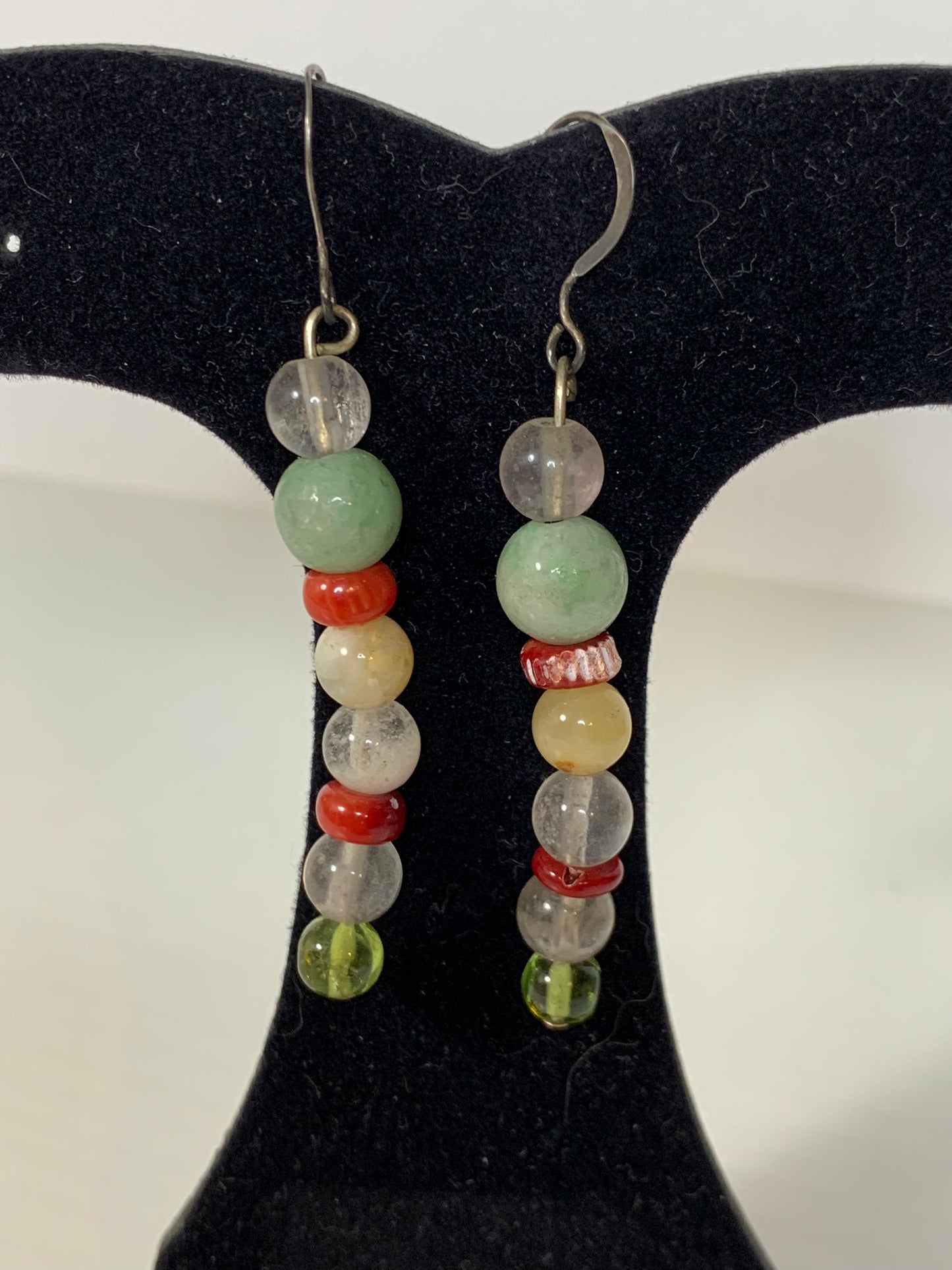 Coral, Jade, and Quartz Dangle Earrings