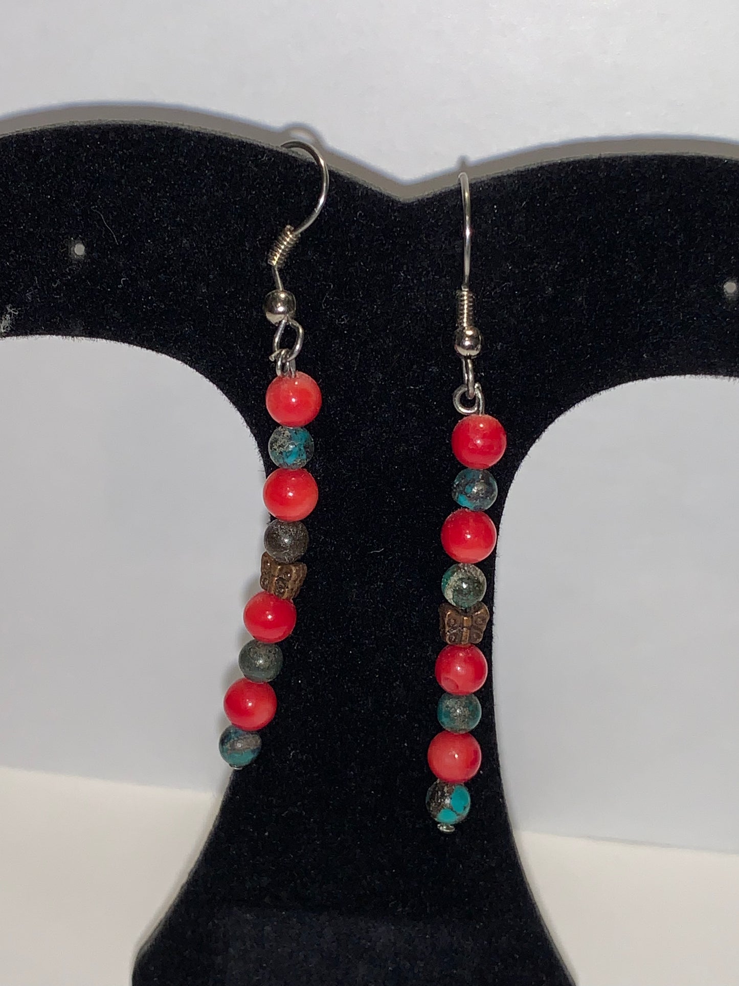 Yellow Turquoise and Red Coral Dangle Earrings
