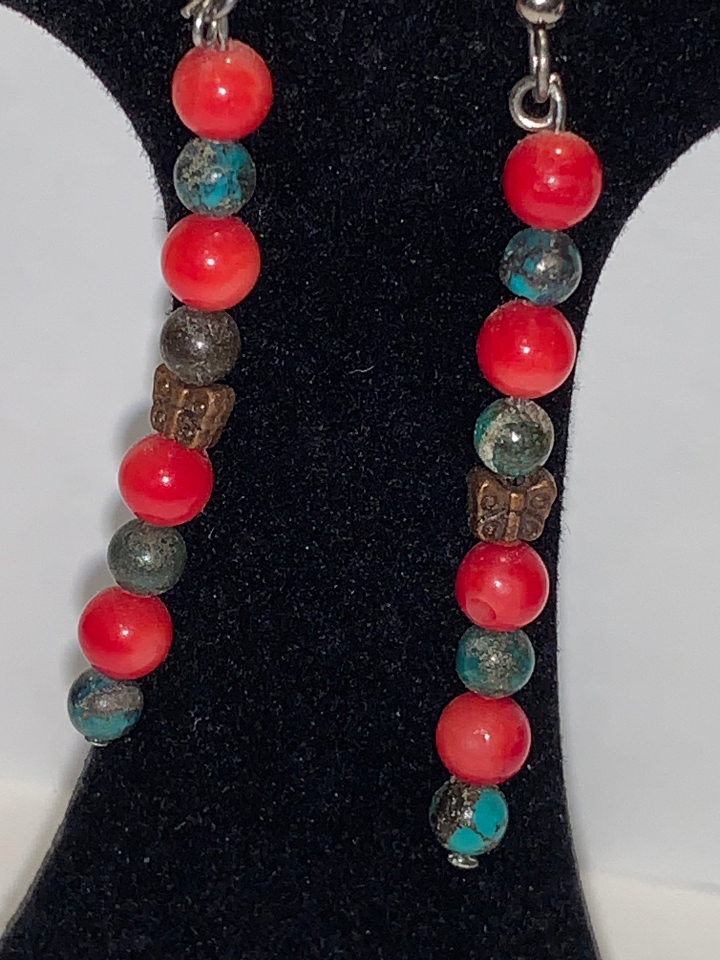 Yellow Turquoise and Red Coral Dangle Earrings