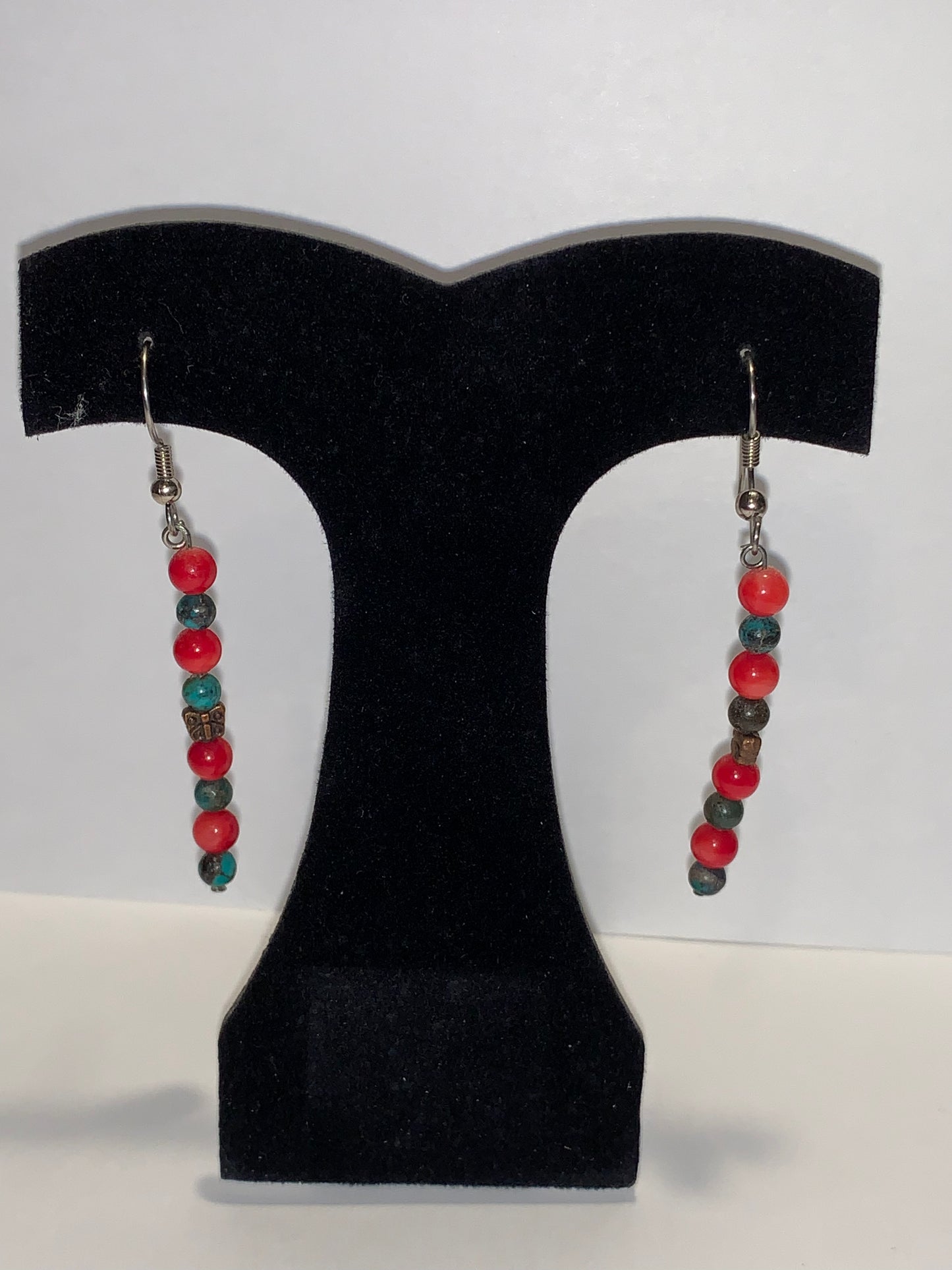 Yellow Turquoise and Red Coral Dangle Earrings