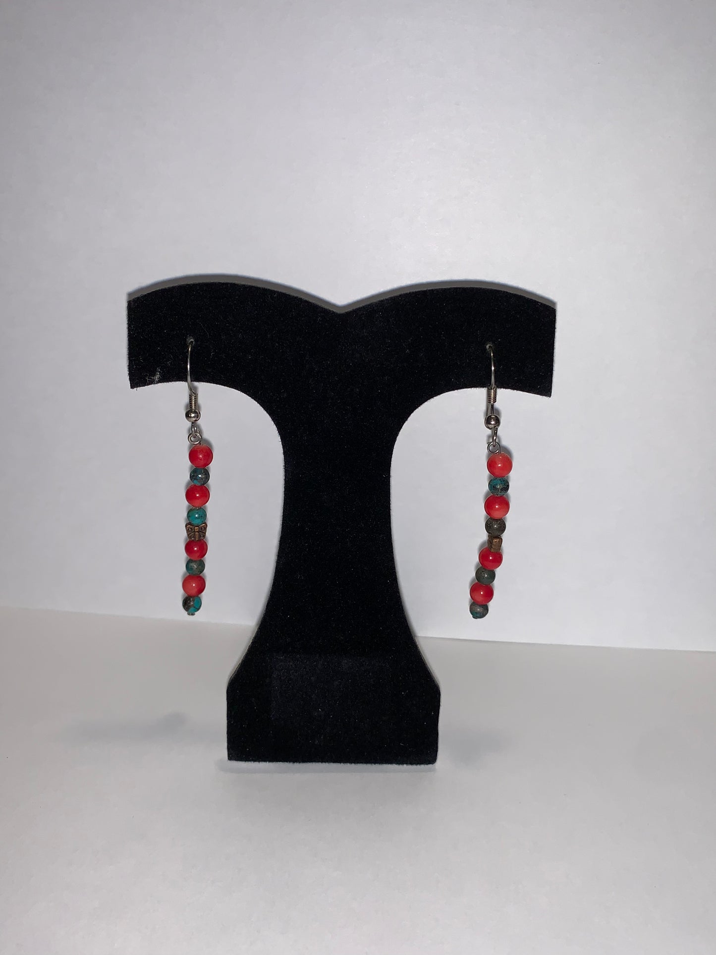 Yellow Turquoise and Red Coral Dangle Earrings