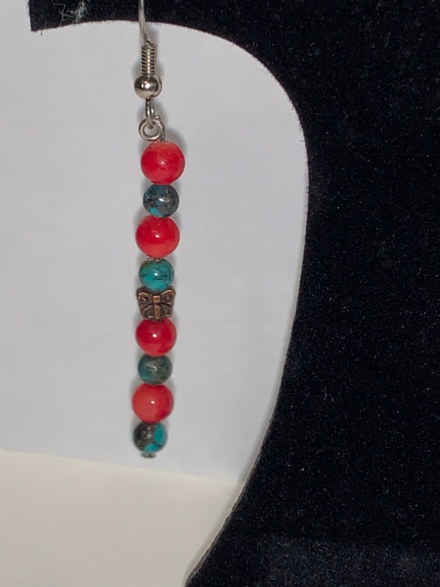 Yellow Turquoise and Red Coral Dangle Earrings