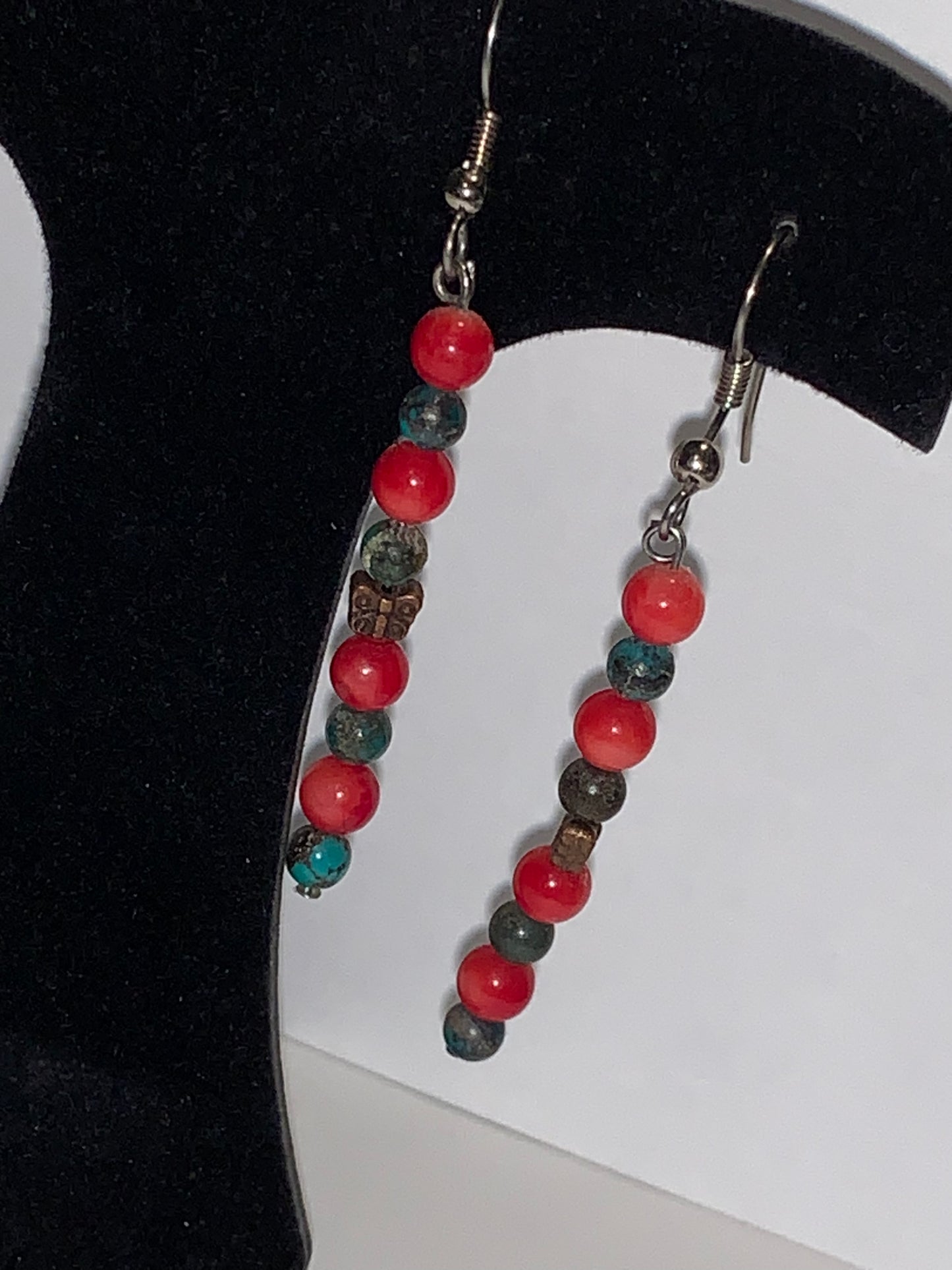 Yellow Turquoise and Red Coral Dangle Earrings