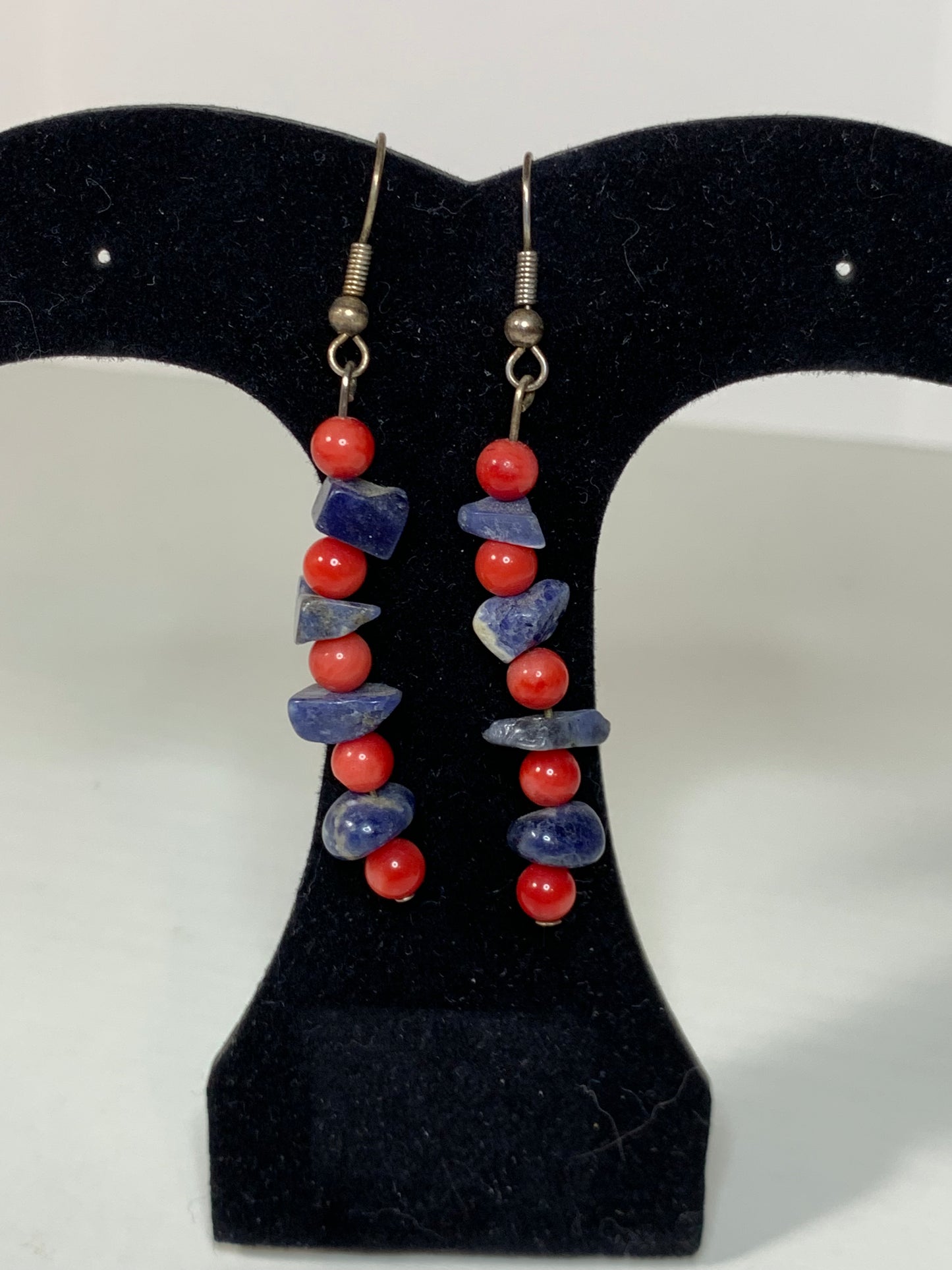 Red Coral and Sodalite Dangle Earrings