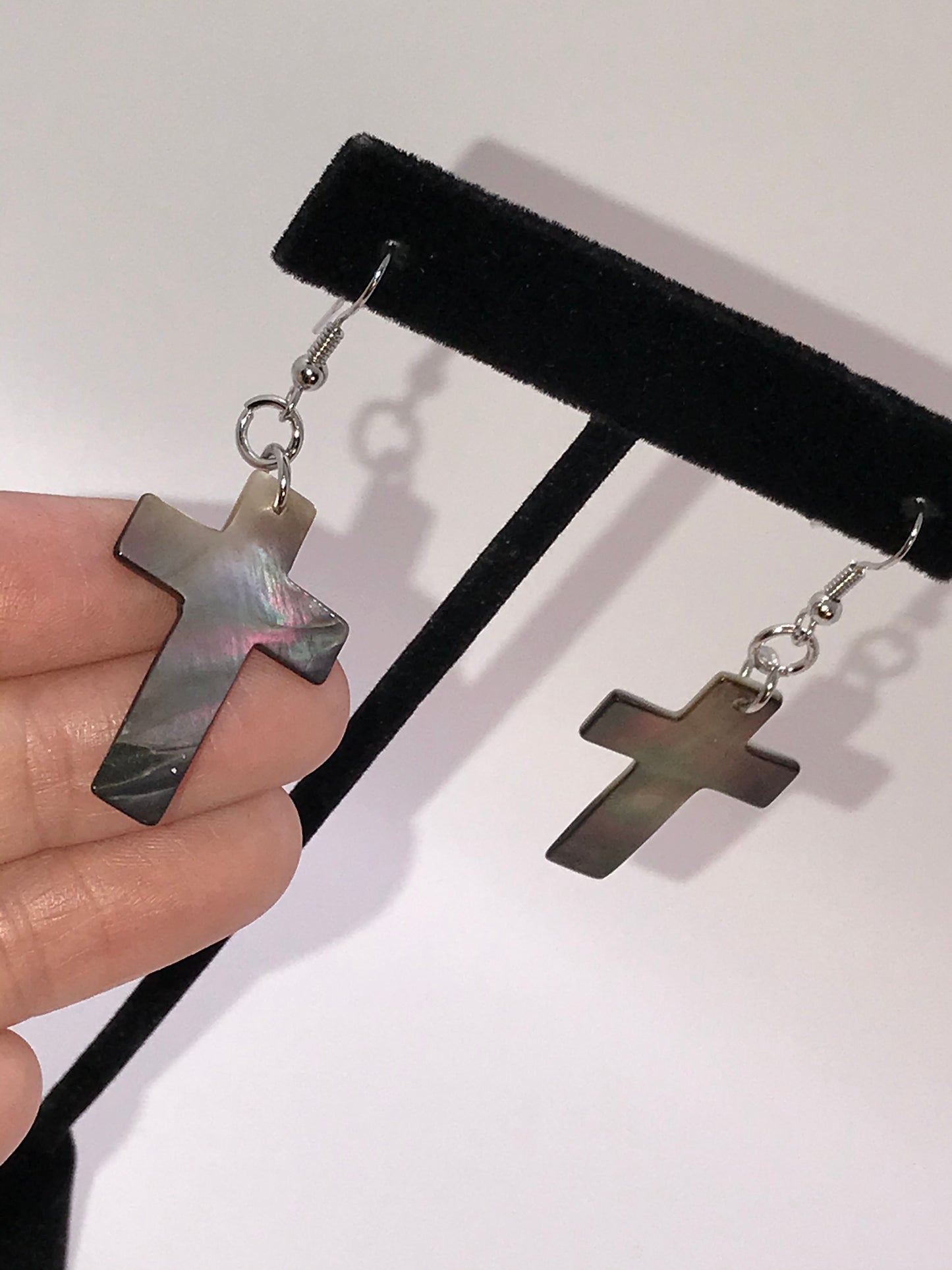 Black Lip Pearl Cross Earrings