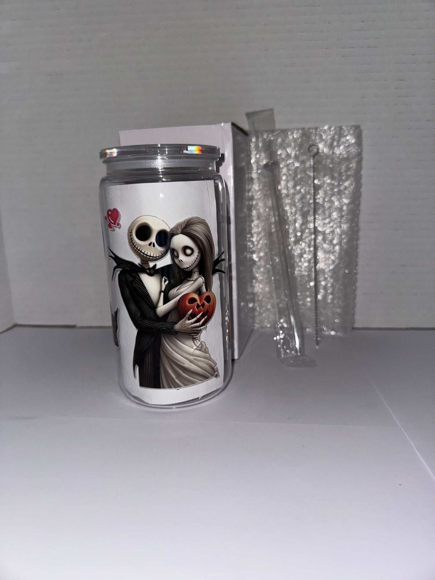 Halloween Wedding Themed 16 Oz Plastic Cup With Love Hearts, damaged