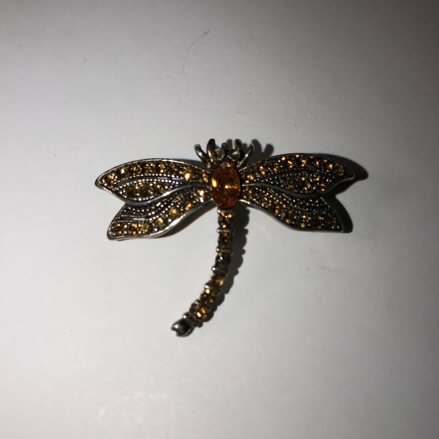 Vintage Orange Rhinestone Dragonfly Pin