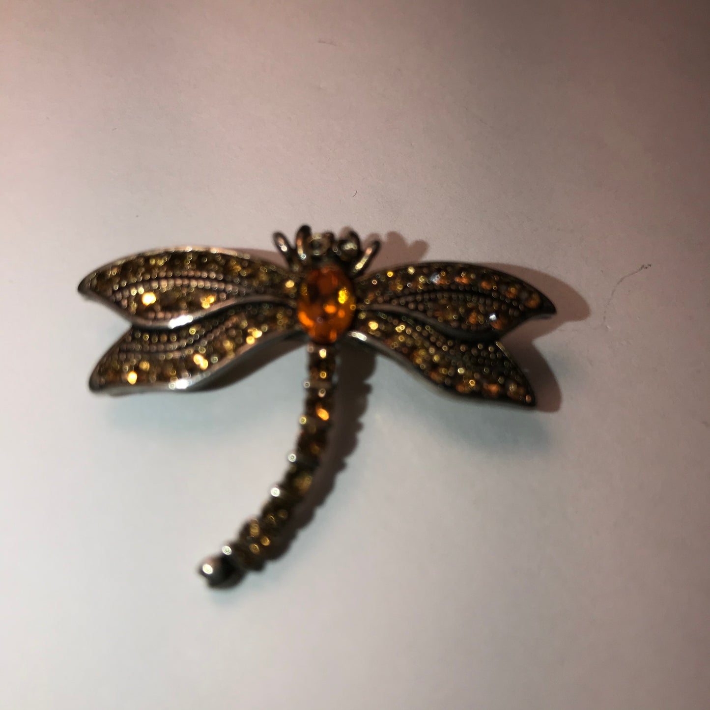 Vintage Orange Rhinestone Dragonfly Pin