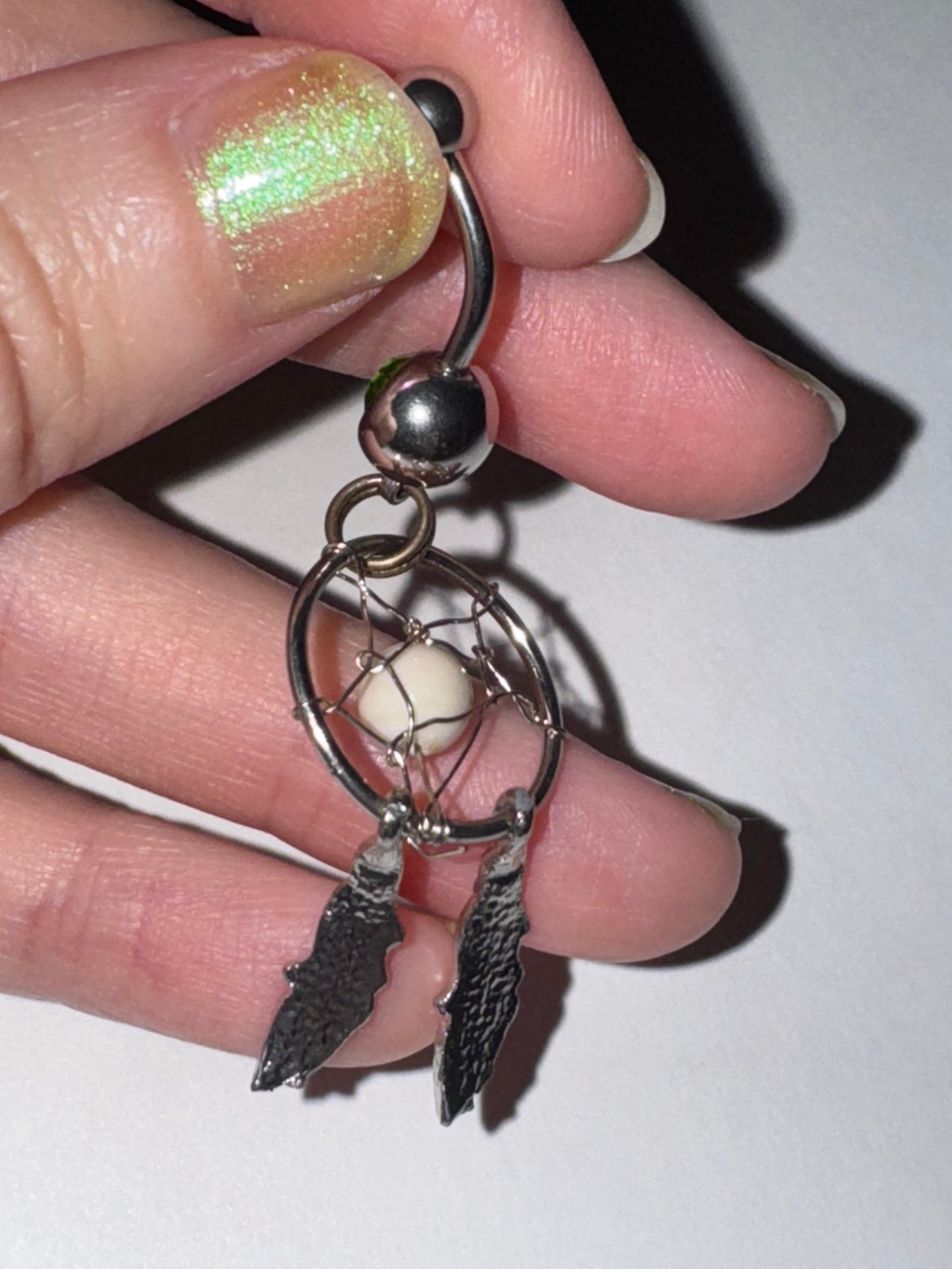 Peridot green with white bead Dream Catcher Dangle Belly Ring