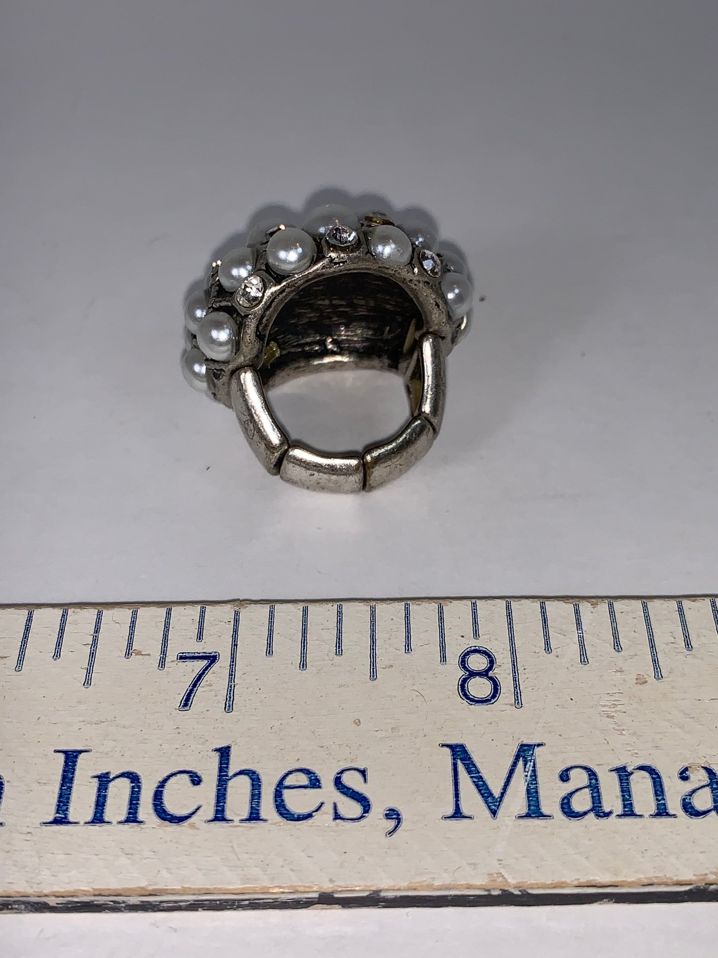 Faux Pearl and Rhinestone Silver Tone Costume Ring