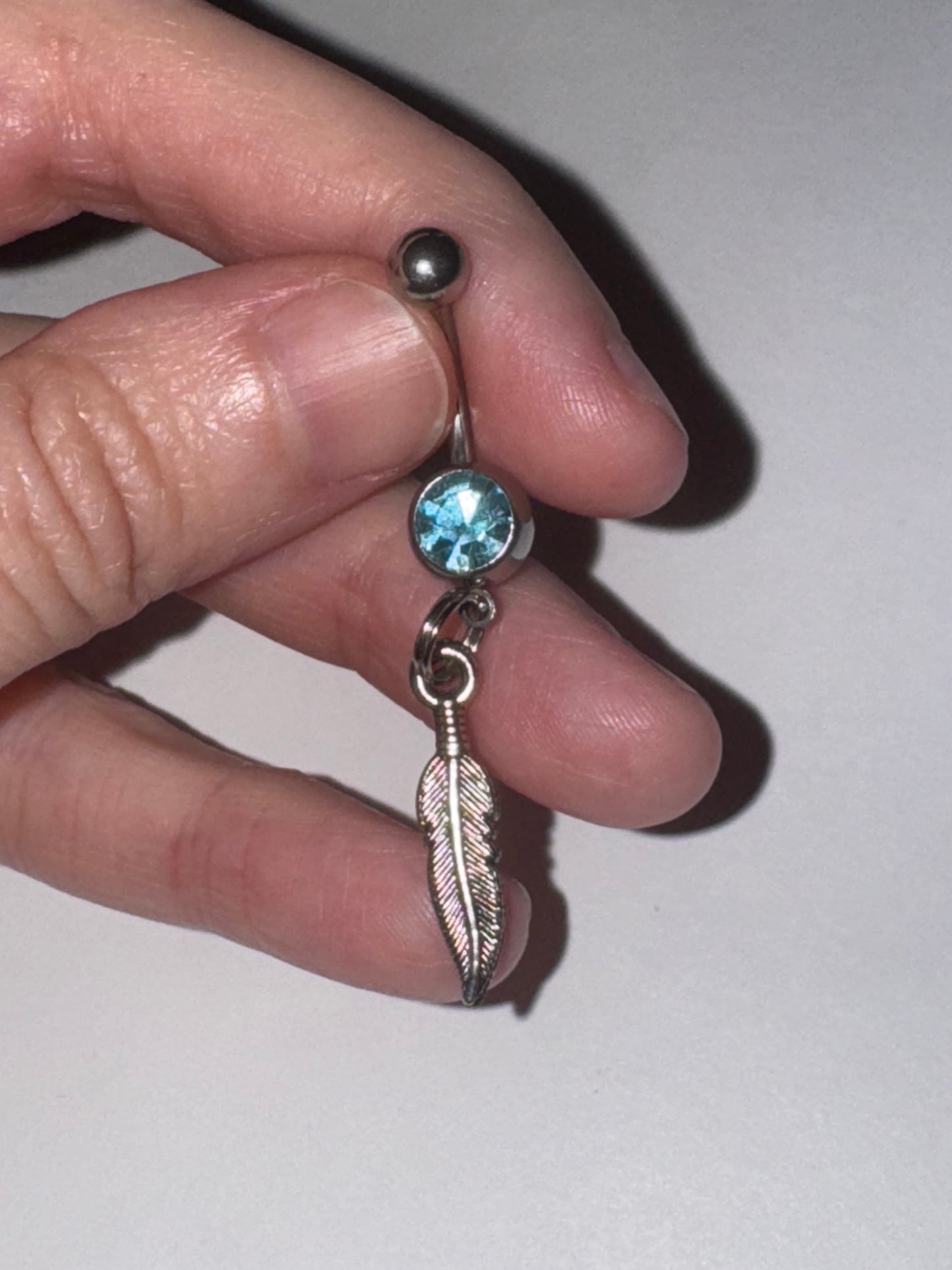 Aqua Blue Gem Feather Dangle Belly Ring