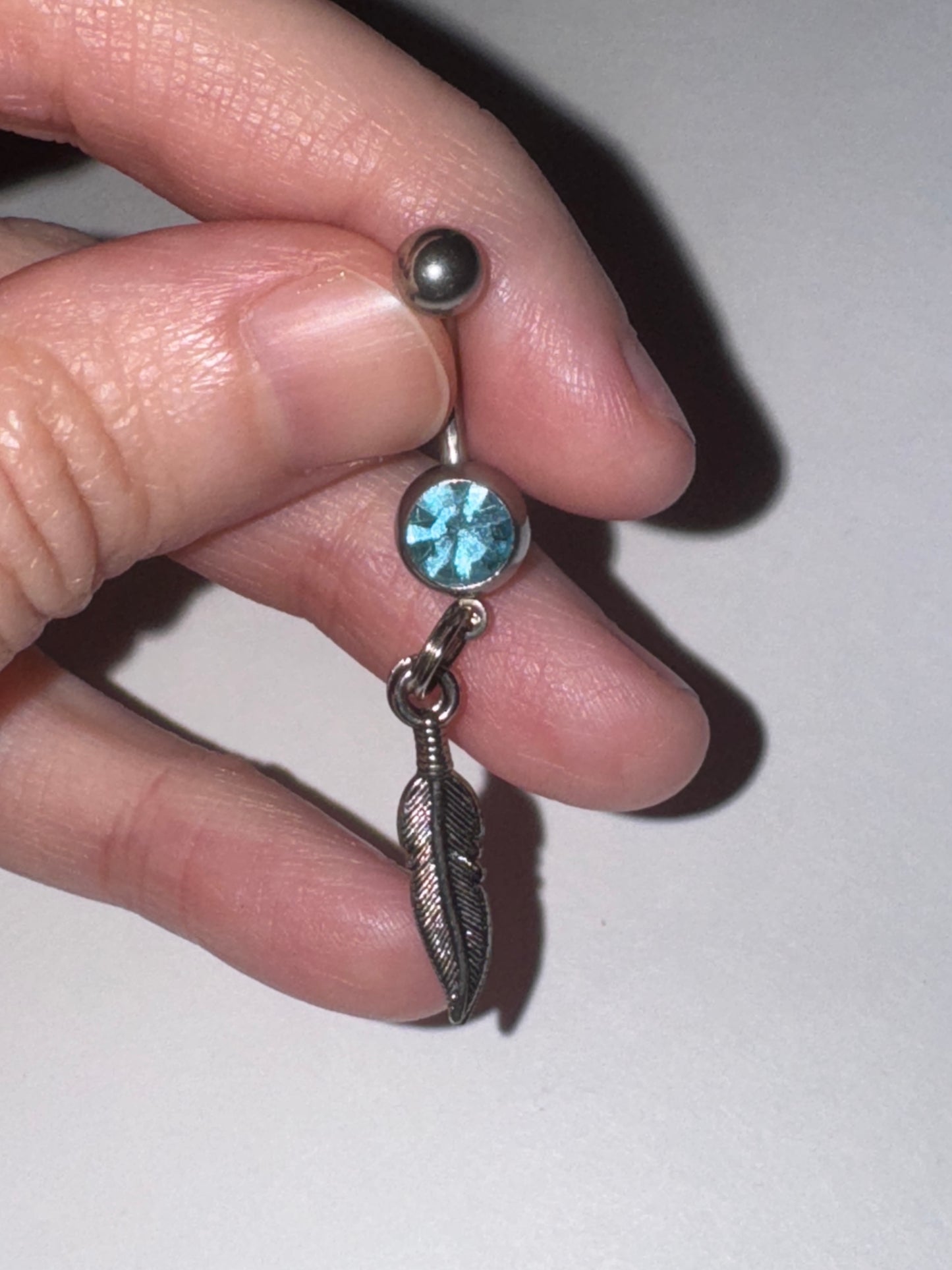 Aqua Blue Gem Feather Dangle Belly Ring