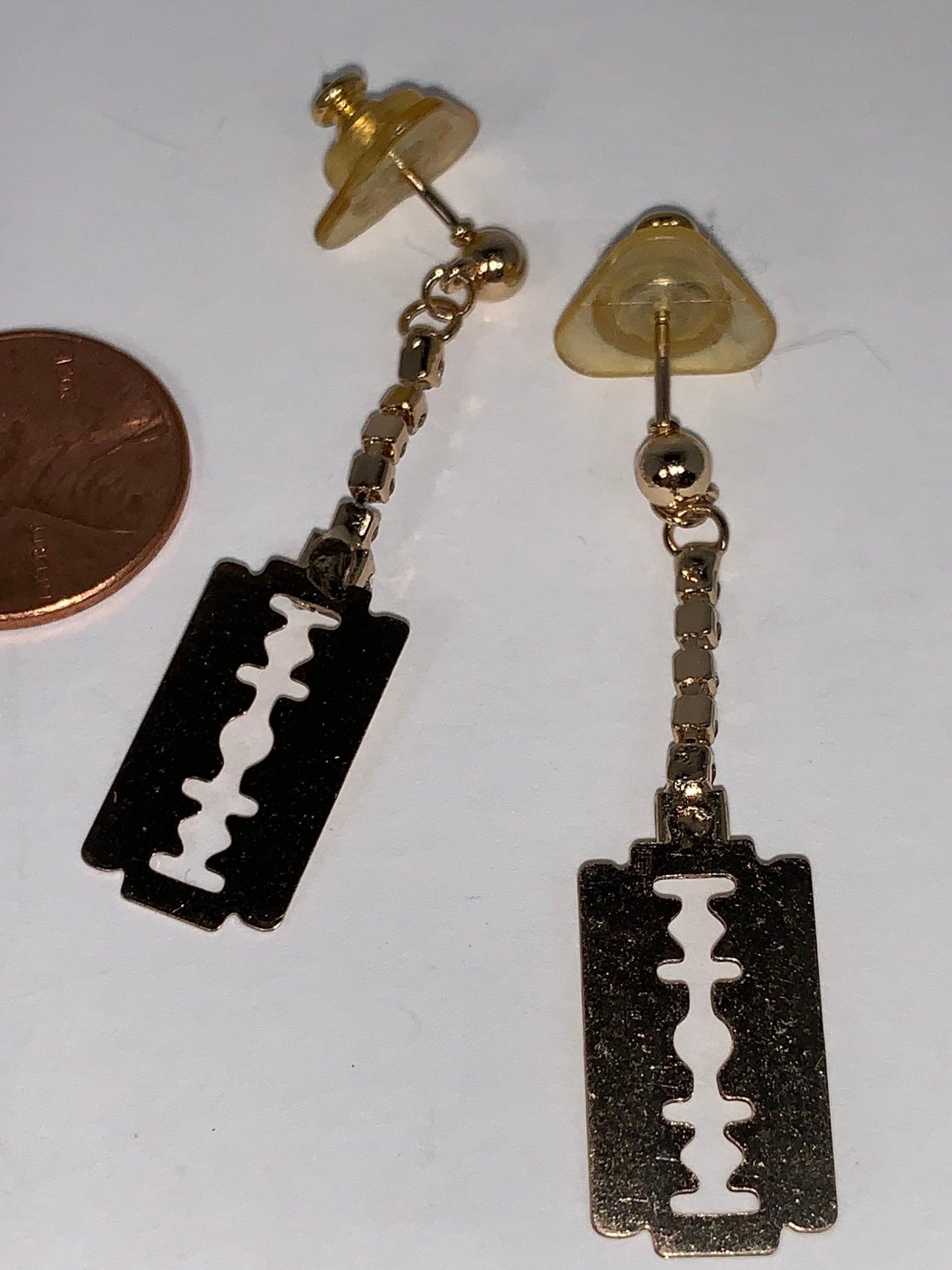 Gold Razor Blade Dangle Post Earrings