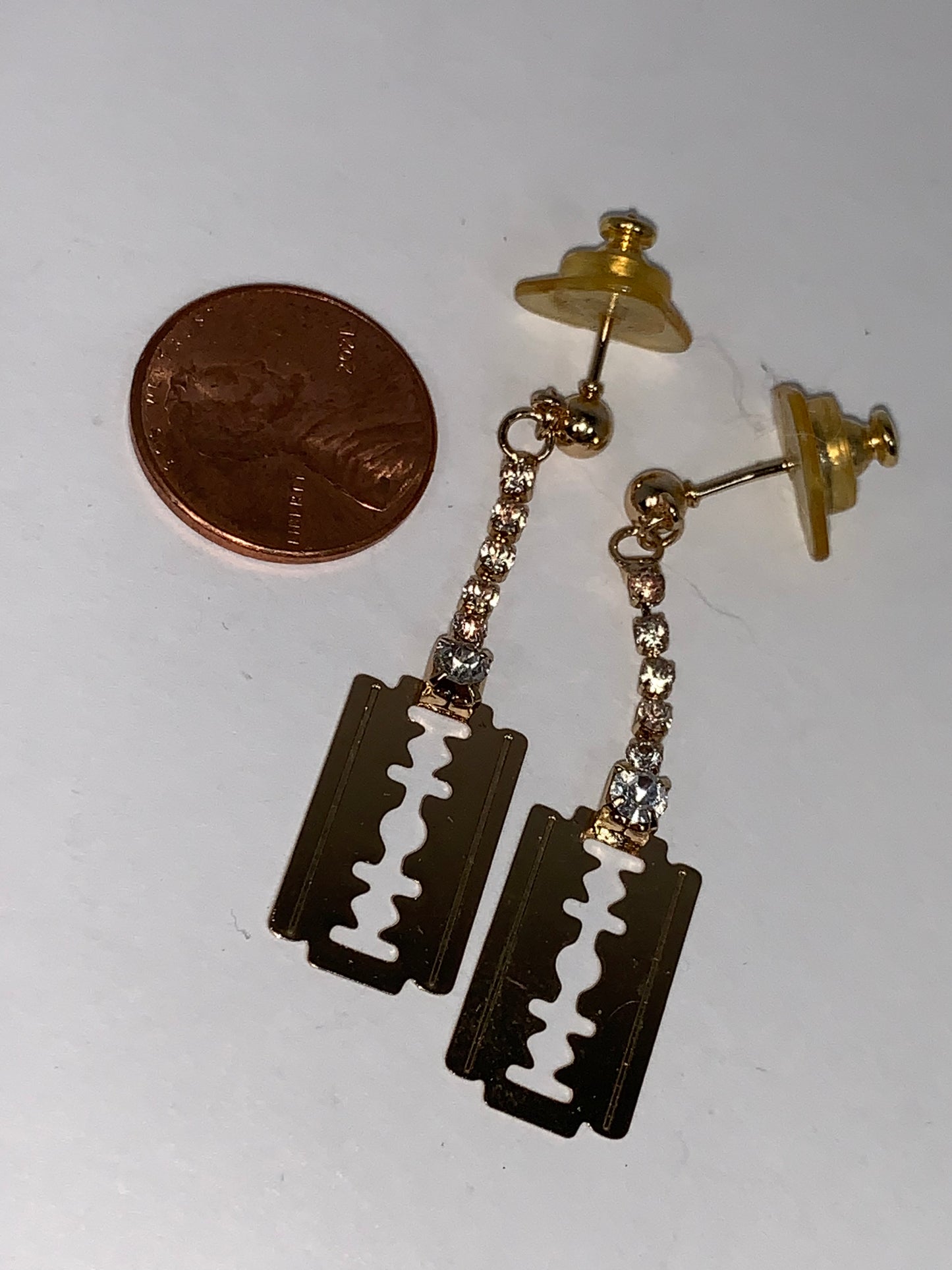 Gold Razor Blade Dangle Post Earrings