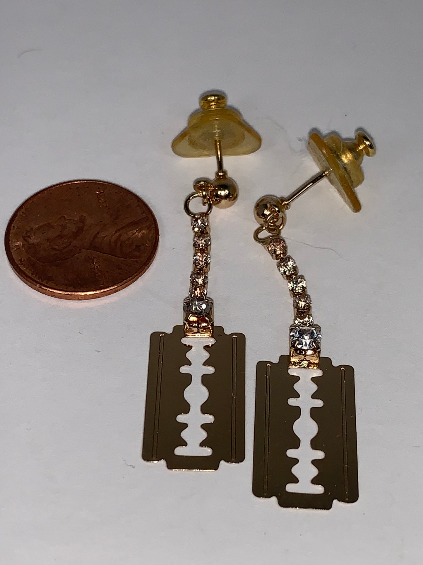 Gold Razor Blade Dangle Post Earrings