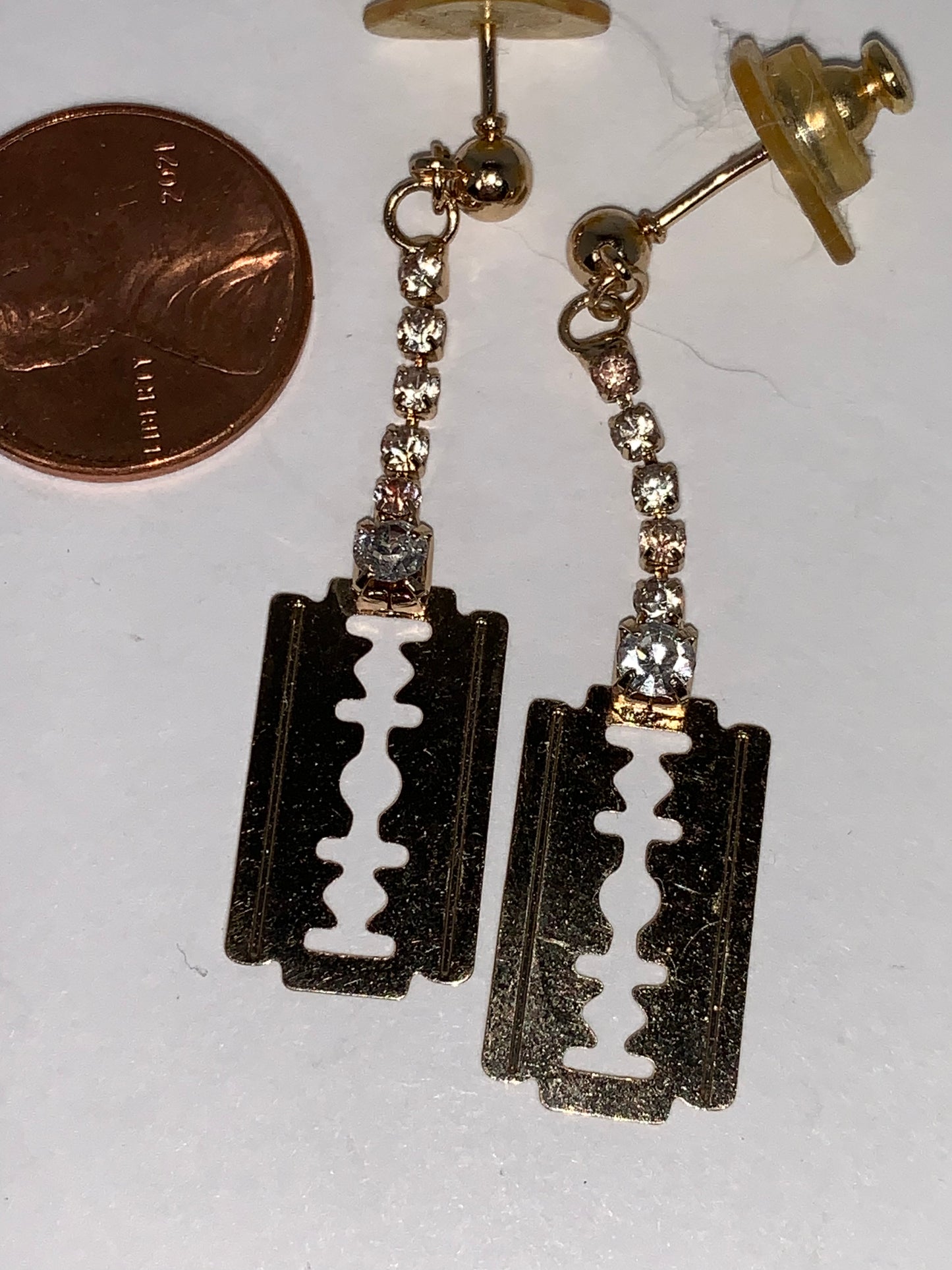 Gold Razor Blade Dangle Post Earrings