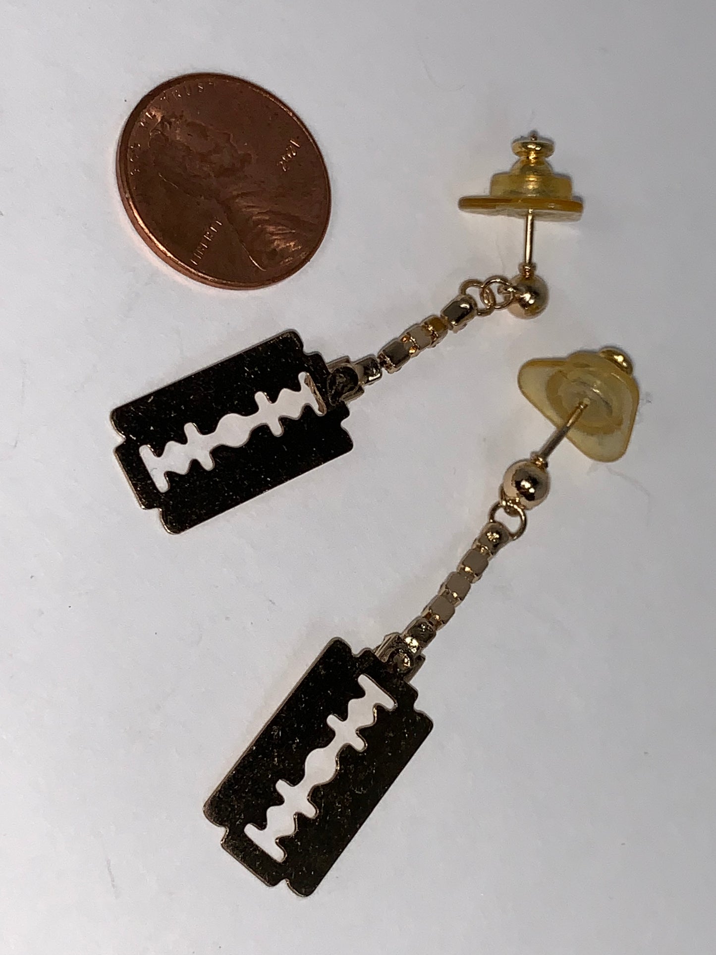 Gold Razor Blade Dangle Post Earrings