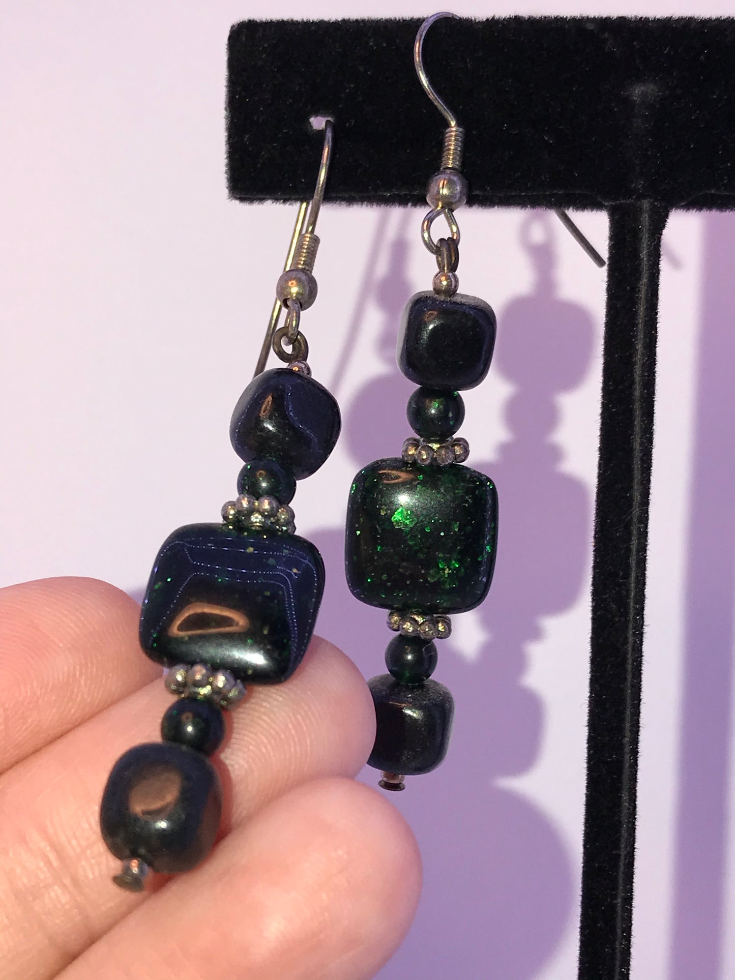 Green Goldstone and Onyx Earrings