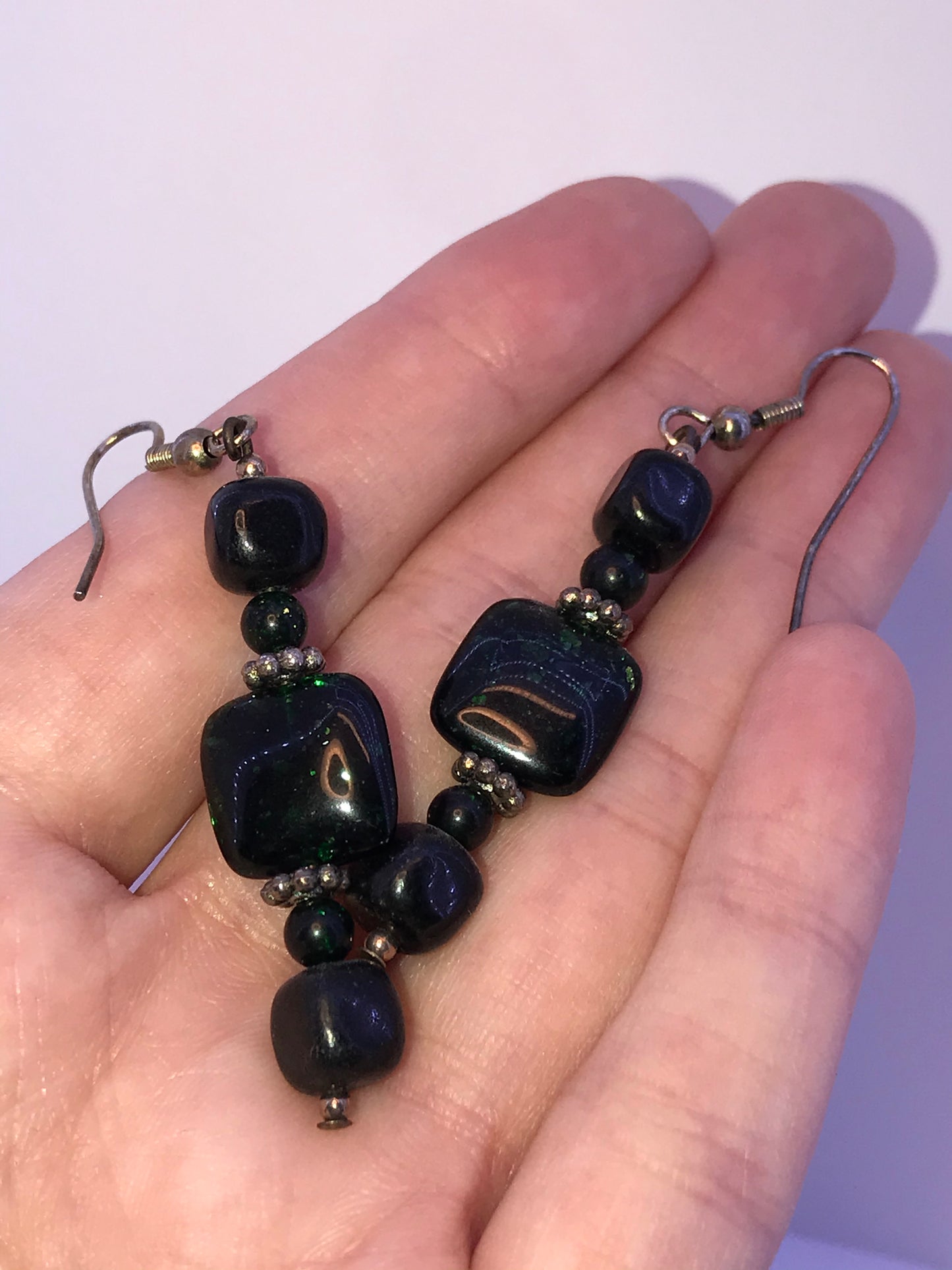 Green Goldstone and Onyx Earrings