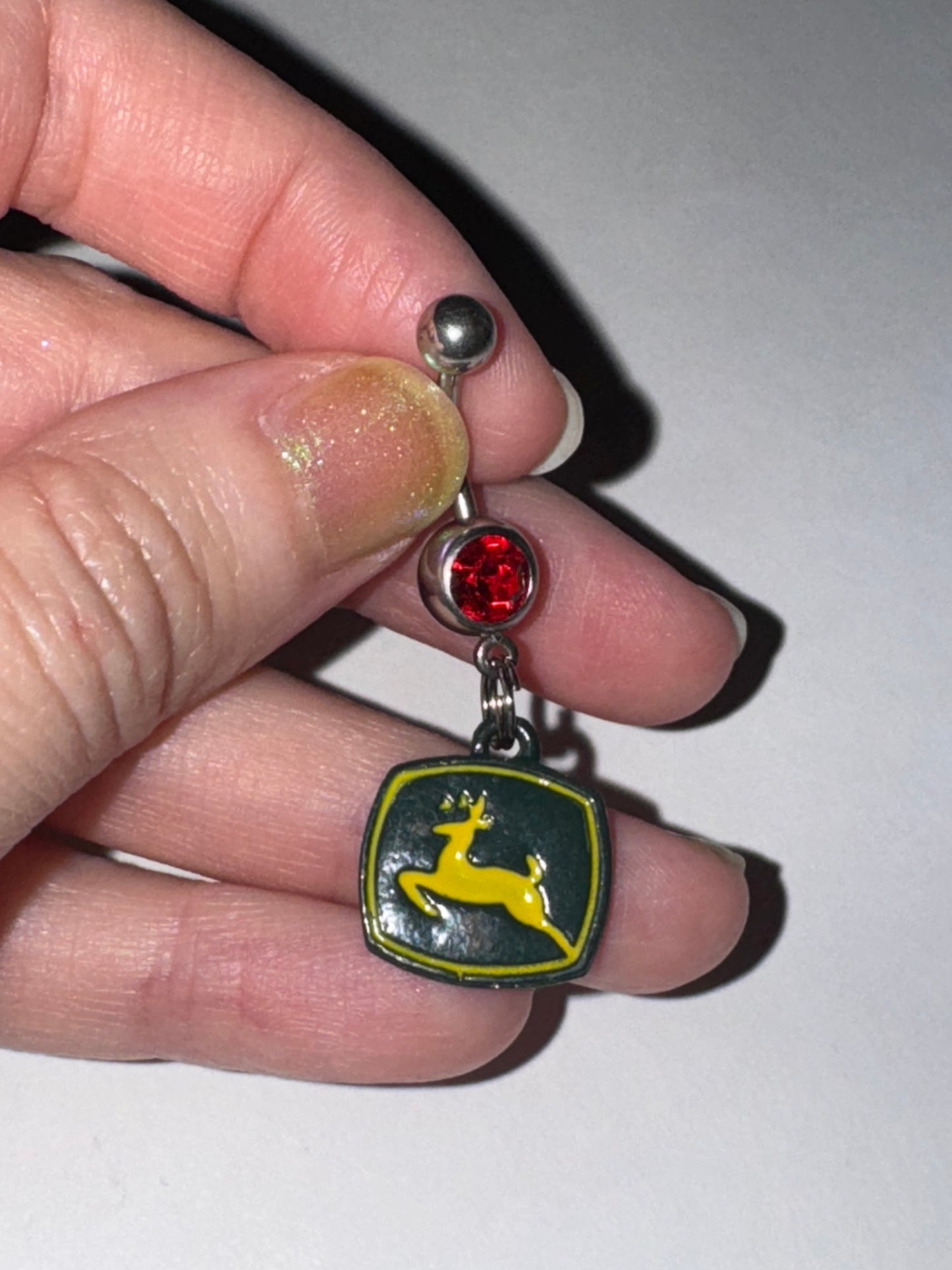 Red Gem John Deere Dangle Belly Ring
