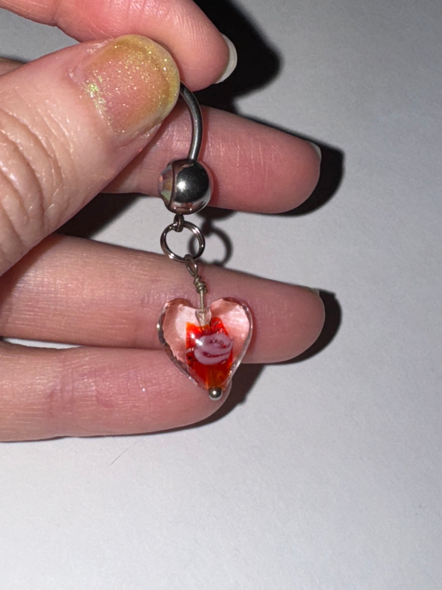 Red Lamp work Glass Heart Dangle Belly Rings