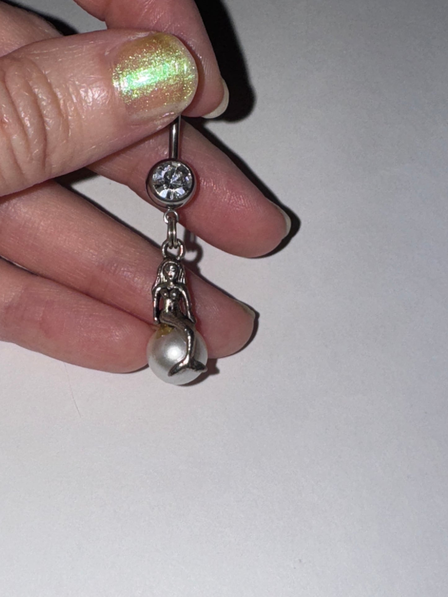 Mermaid on White Pearl Dangle Belly Ring