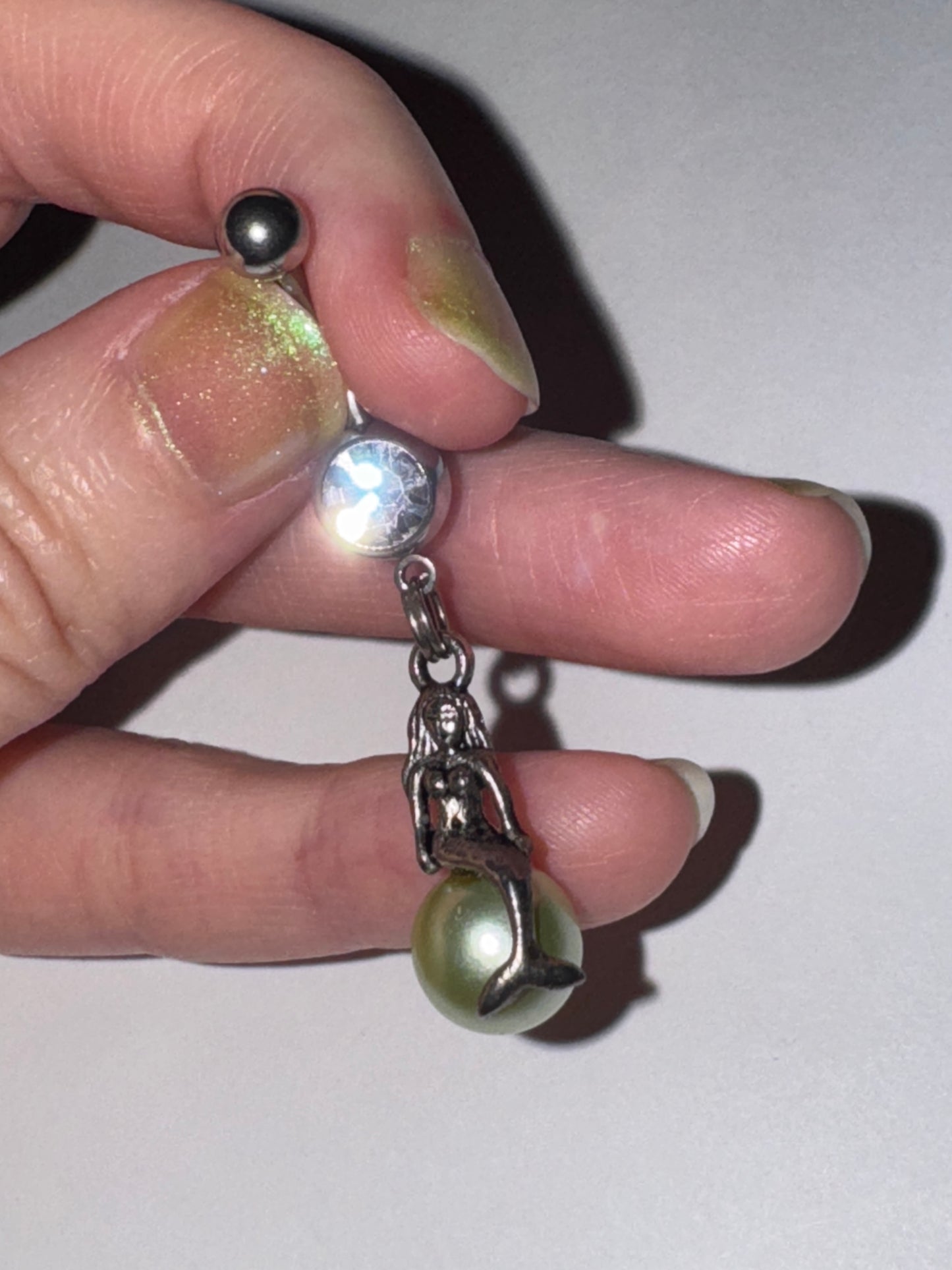 Mermaid on Green Pearl Dangle Belly Ring
