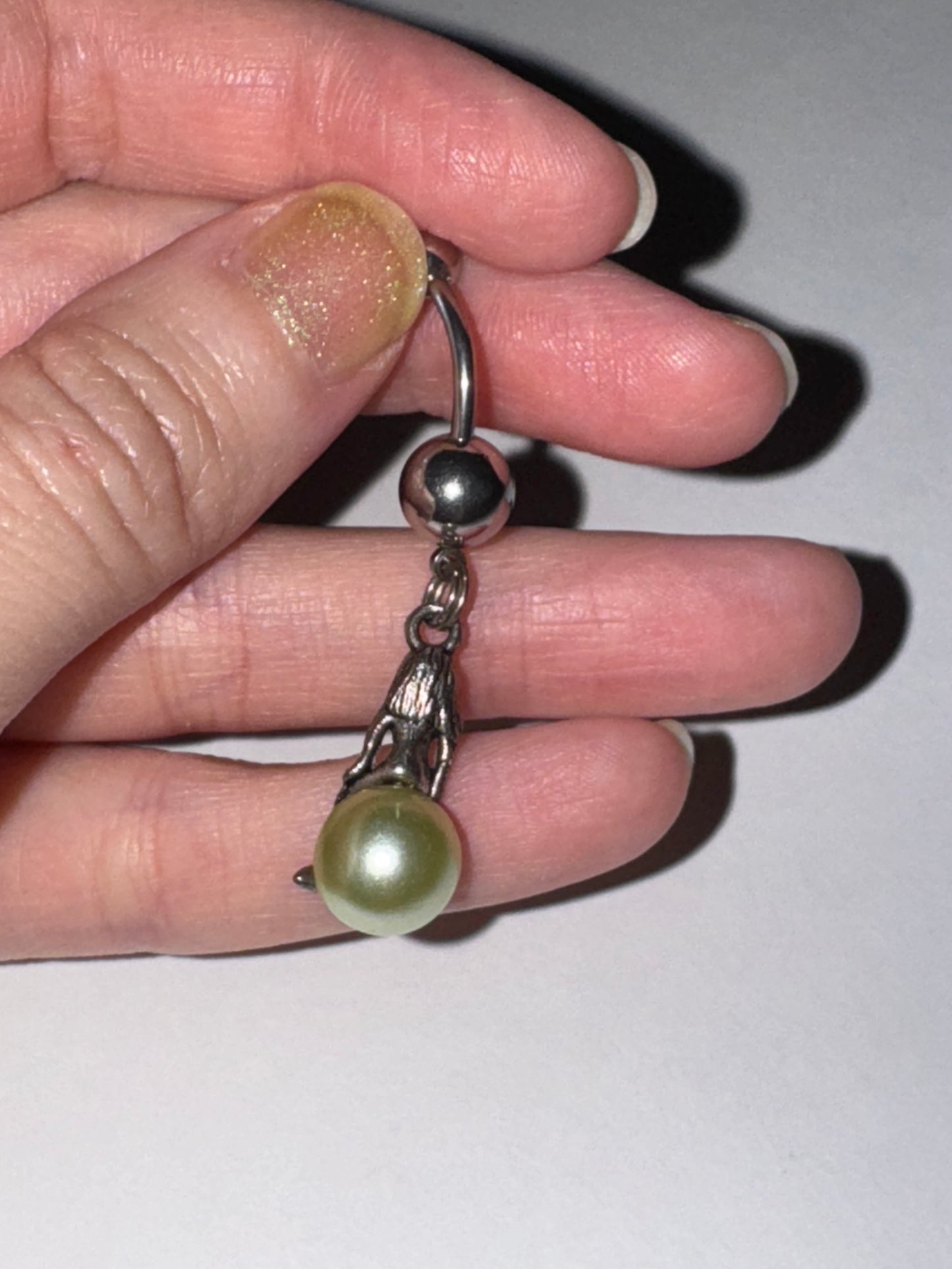 Mermaid on Green Pearl Dangle Belly Ring