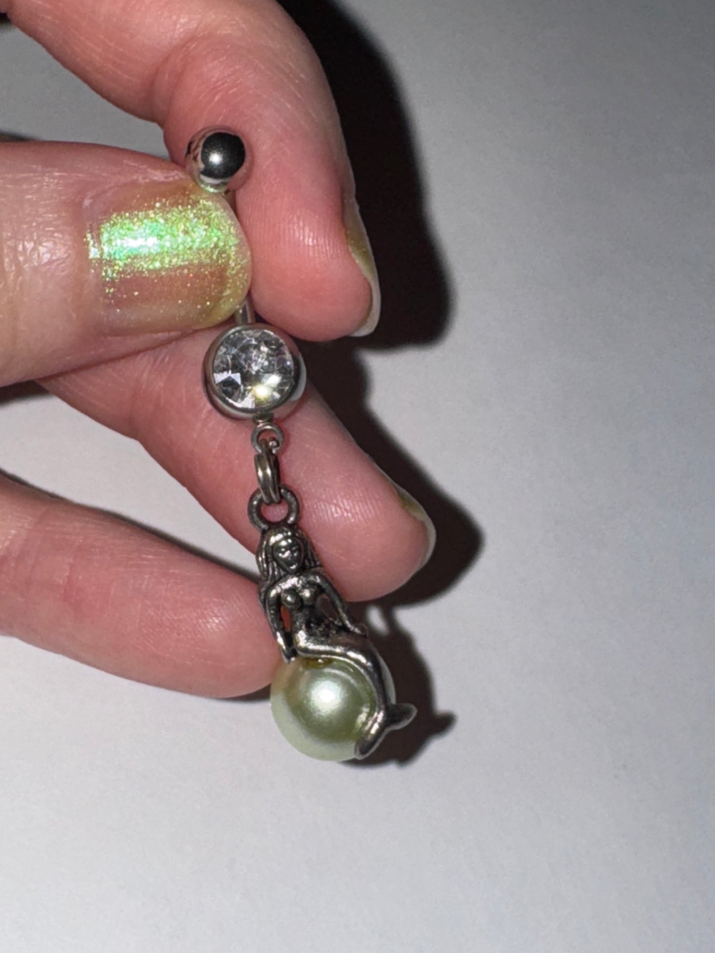 Mermaid on Green Pearl Dangle Belly Ring