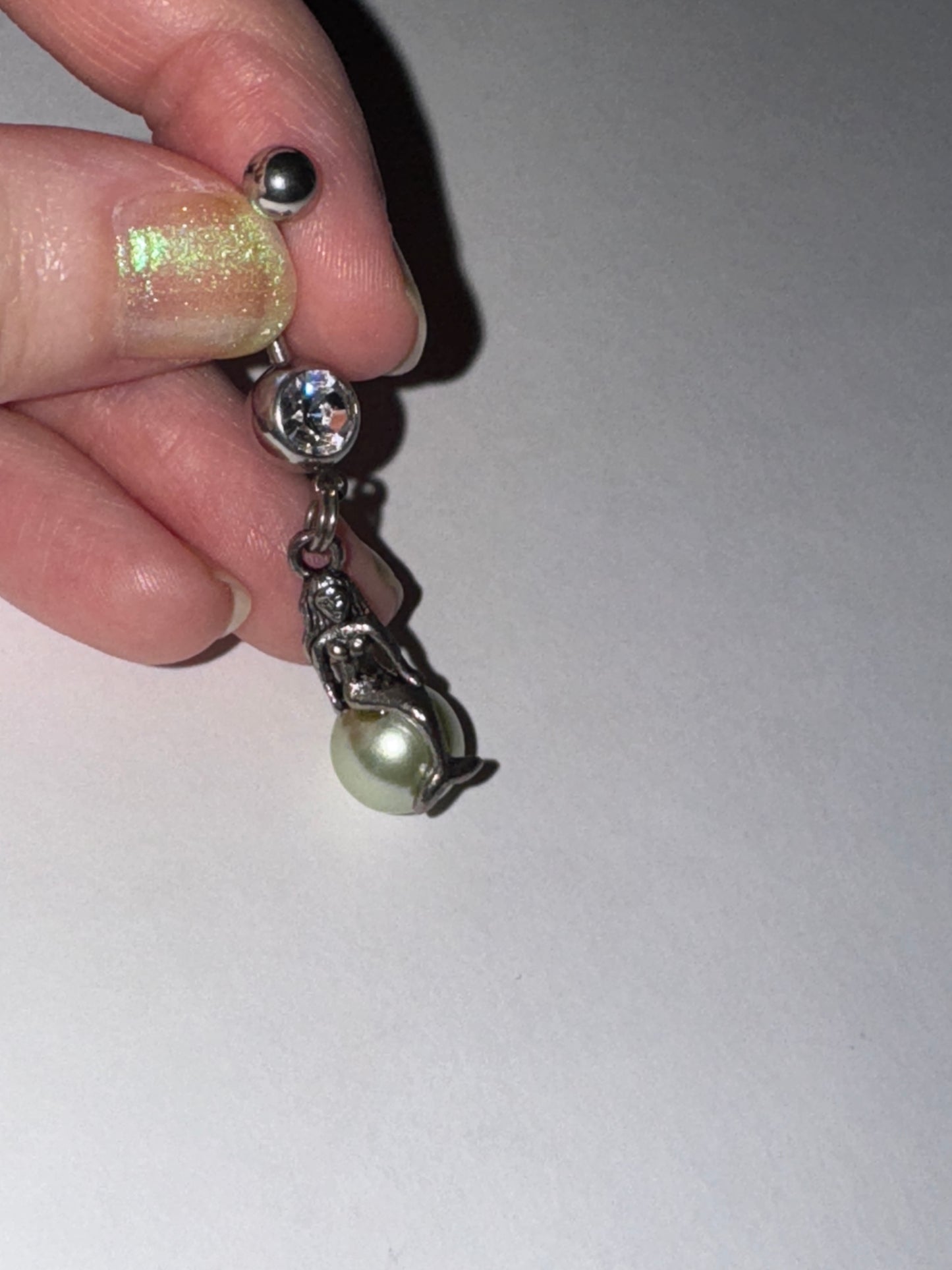 Mermaid on Green Pearl Dangle Belly Ring