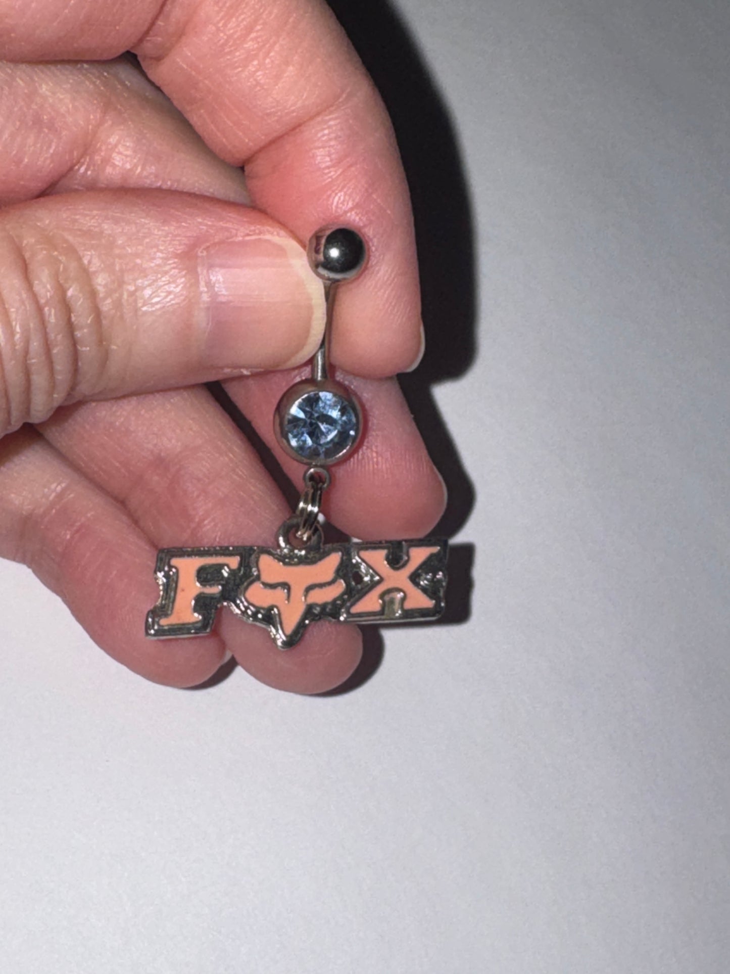 Pink Fox Dangle Belly Ring, Blue Gem