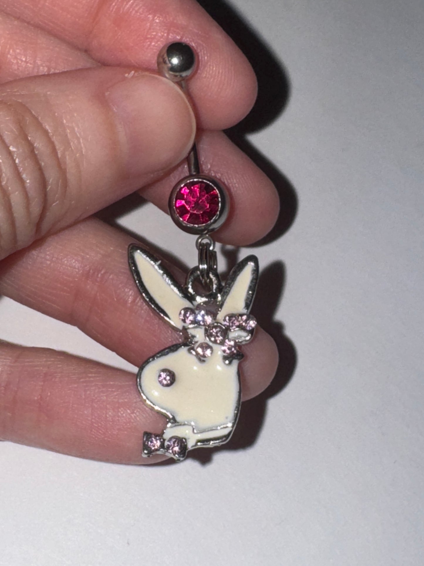 Hot Pink and white Play boy-looking Bunny Dangle Belly Ring