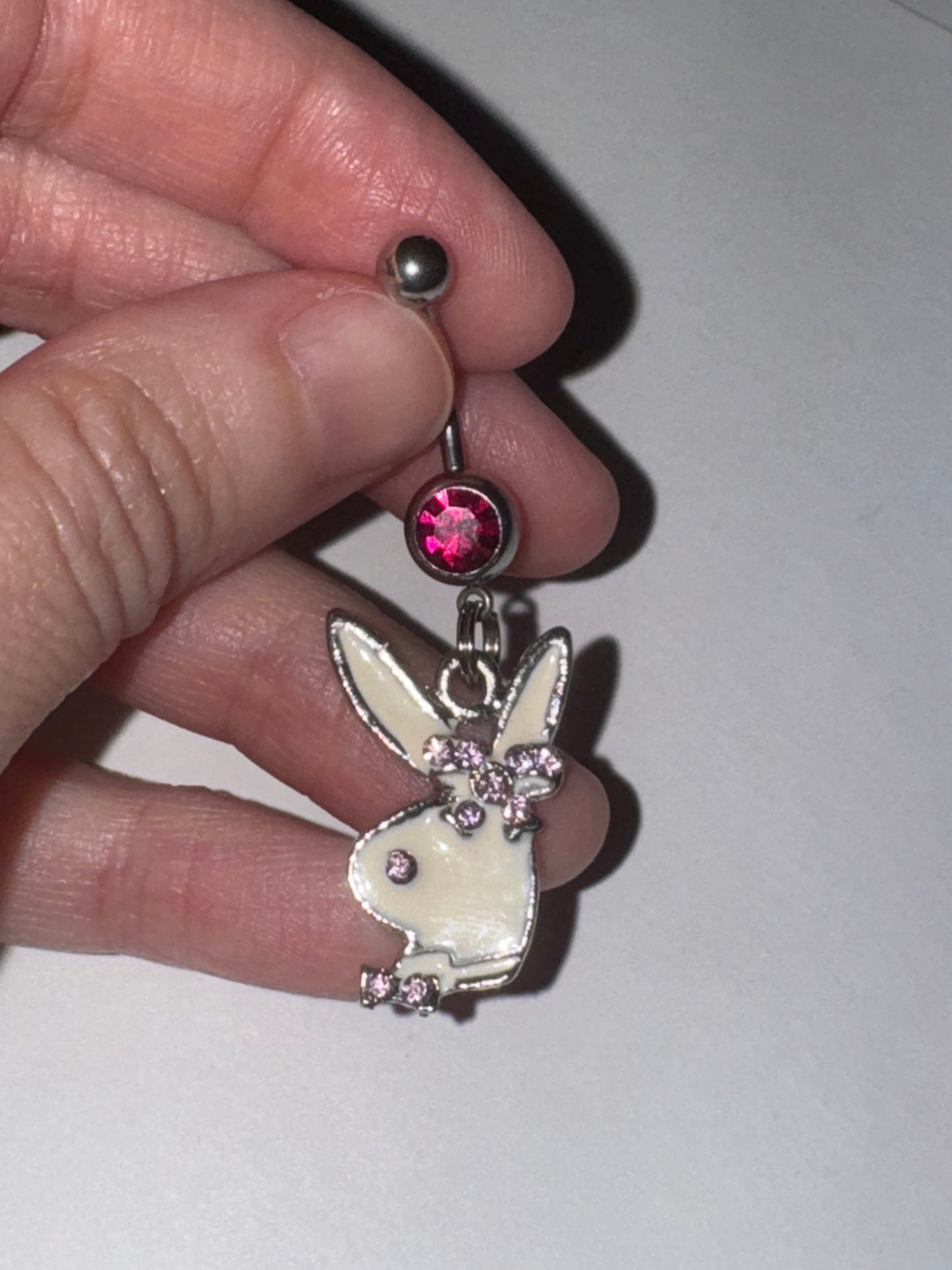 Hot Pink and white Play boy-looking Bunny Dangle Belly Ring