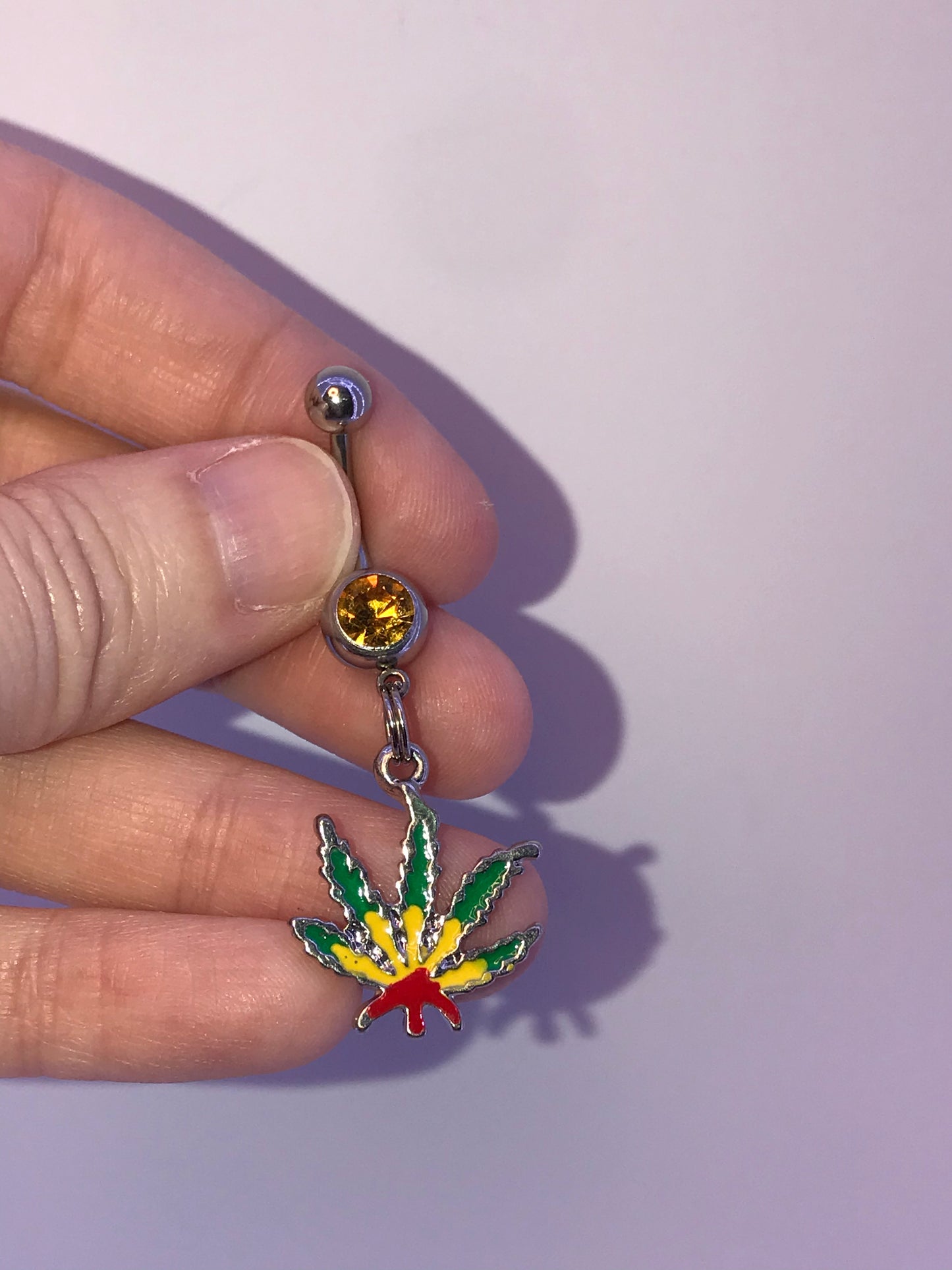 Rasta Colored Pot Leaf with Topaz Orange Gem Dangle Belly Ring