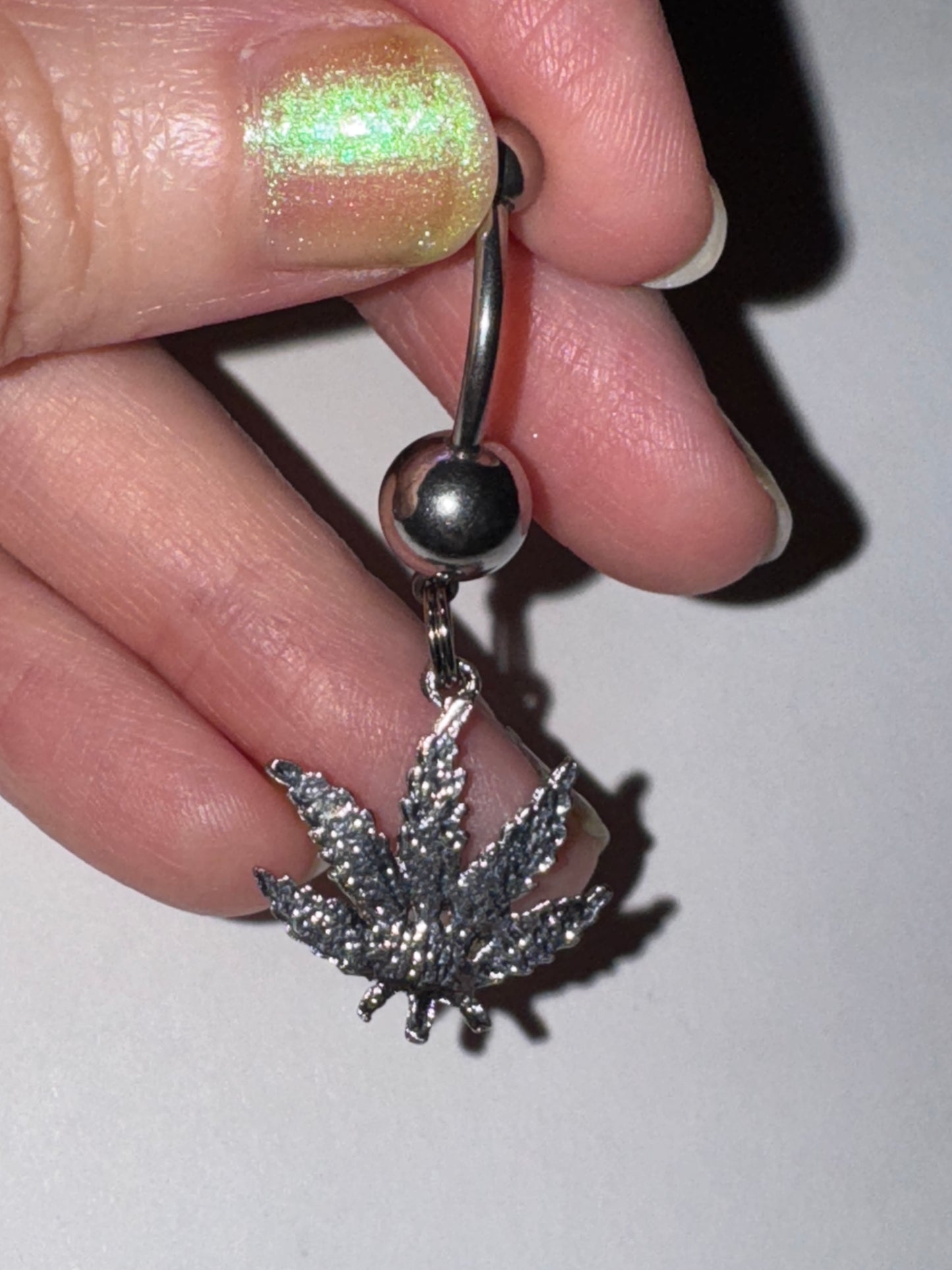 Aqua Blue Gem Dark Rasta Pot Leaf Dangle Belly Ring