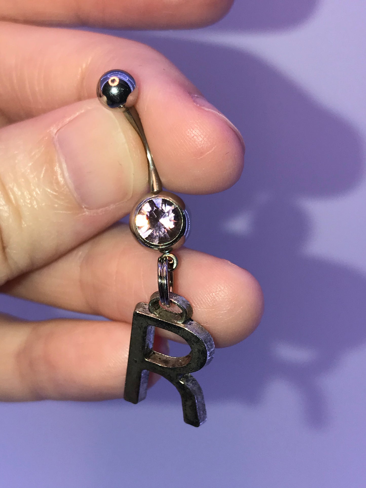 Lavender Gem Letter R Dangle Belly Ring