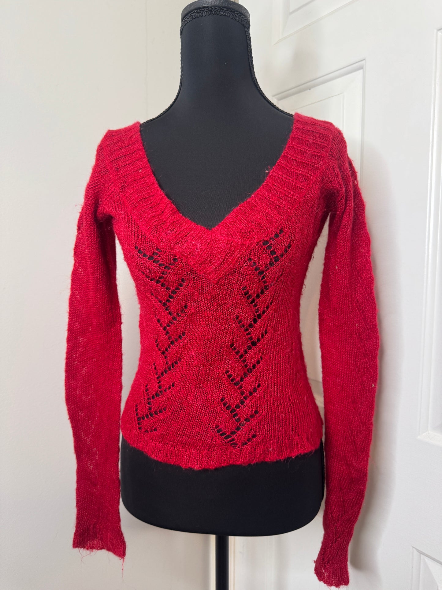 Red Deep V Neck Sweater by One Step Up, Size Medium