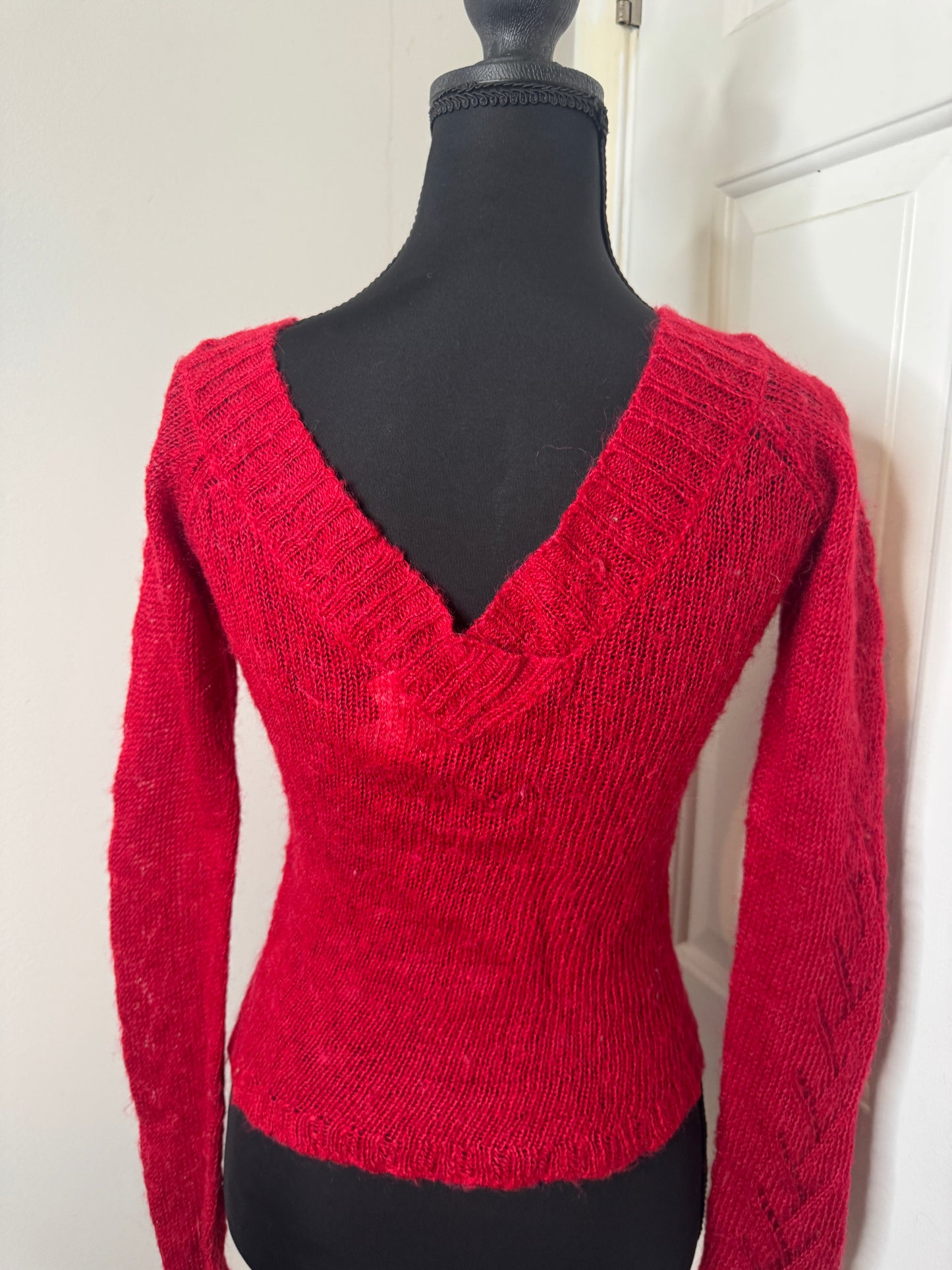 Red Deep V Neck Sweater by One Step Up, Size Medium