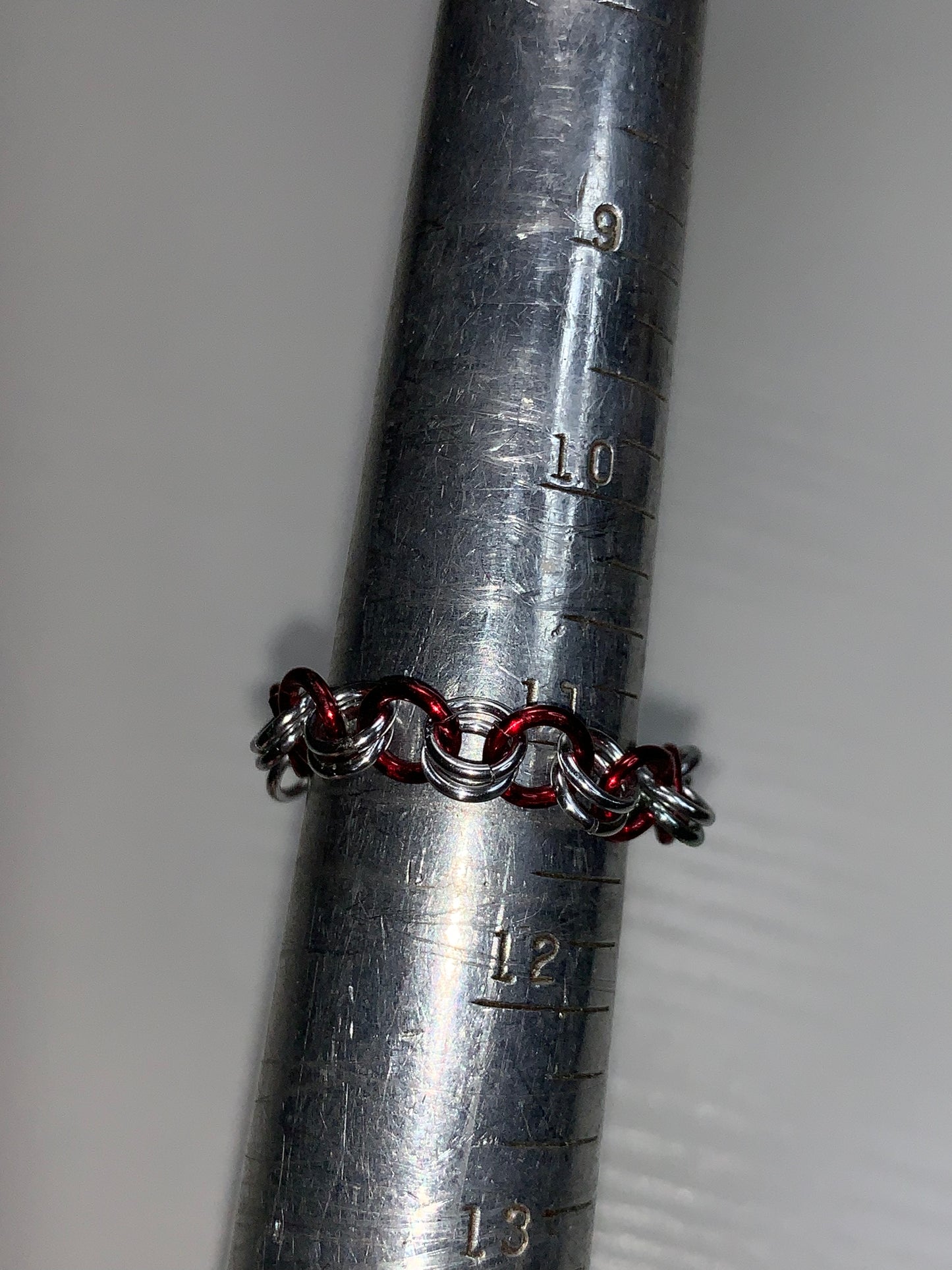 Red and Silver Chainmail ring, Size 11