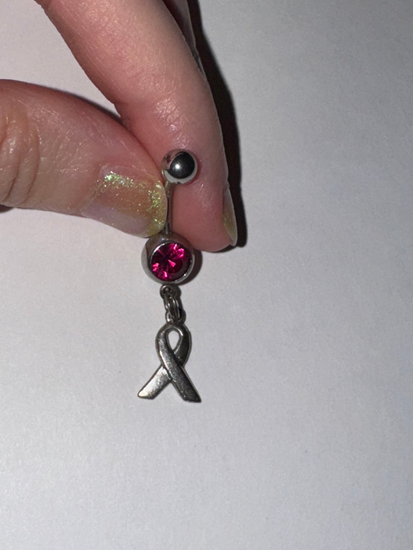 Hot Pink Awareness Ribbon Dangle Belly Ring