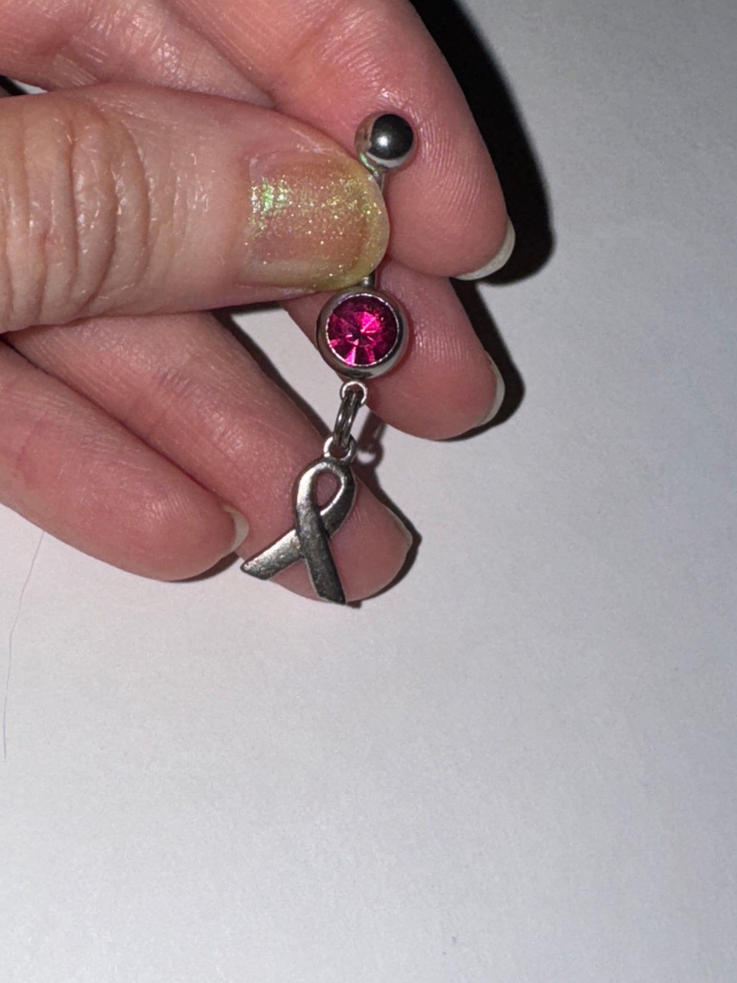 Hot Pink Awareness Ribbon Dangle Belly Ring