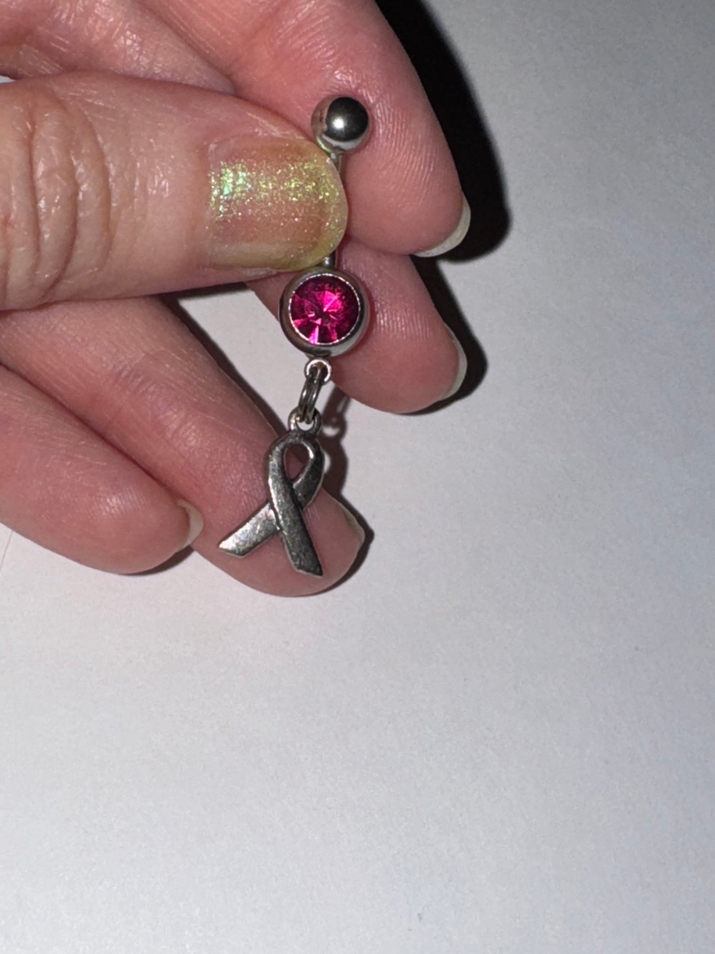Hot Pink Awareness Ribbon Dangle Belly Ring