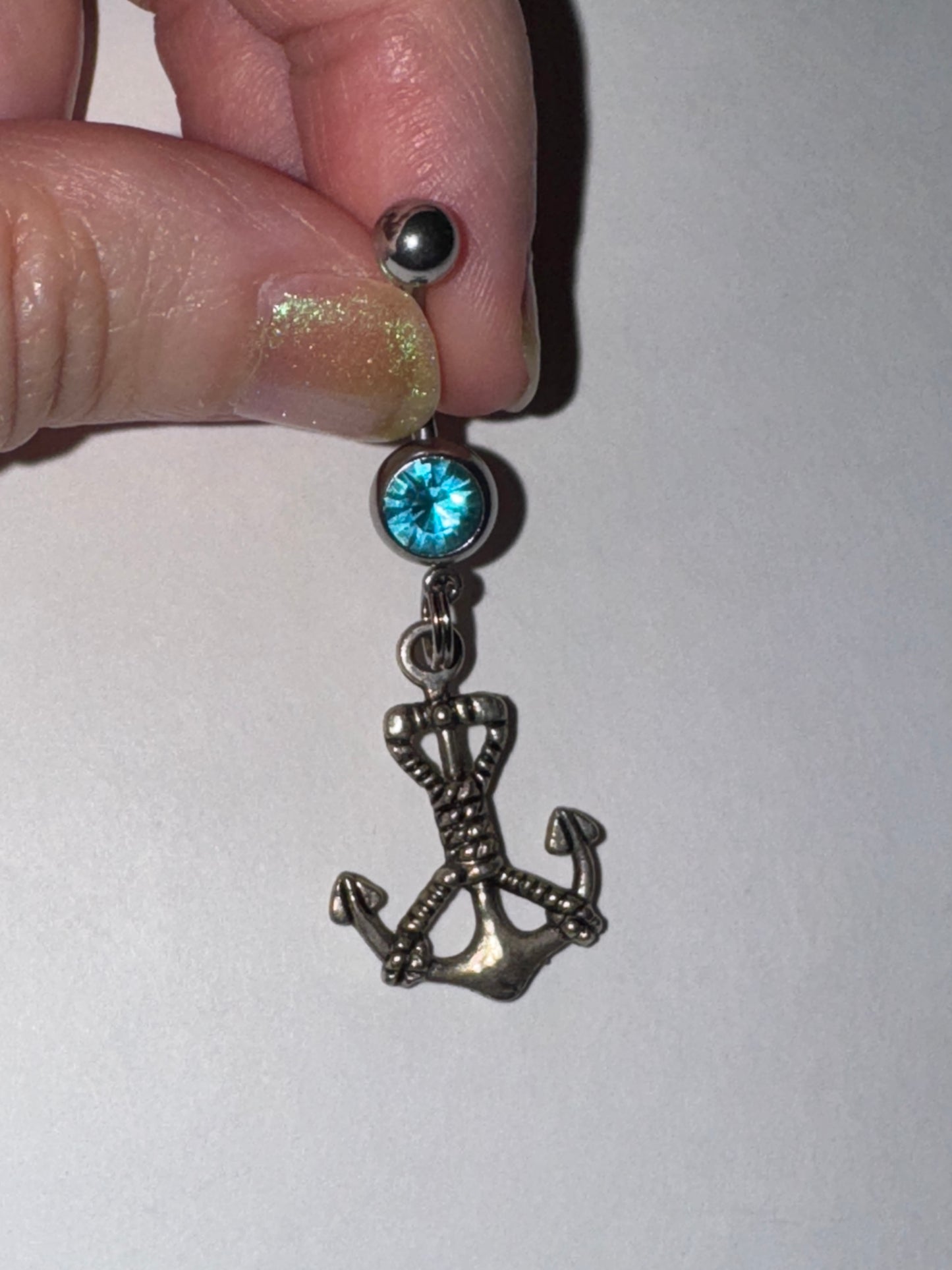 Large Anchor with Rope and Aqua Blue Gem Dangle Belly Ring