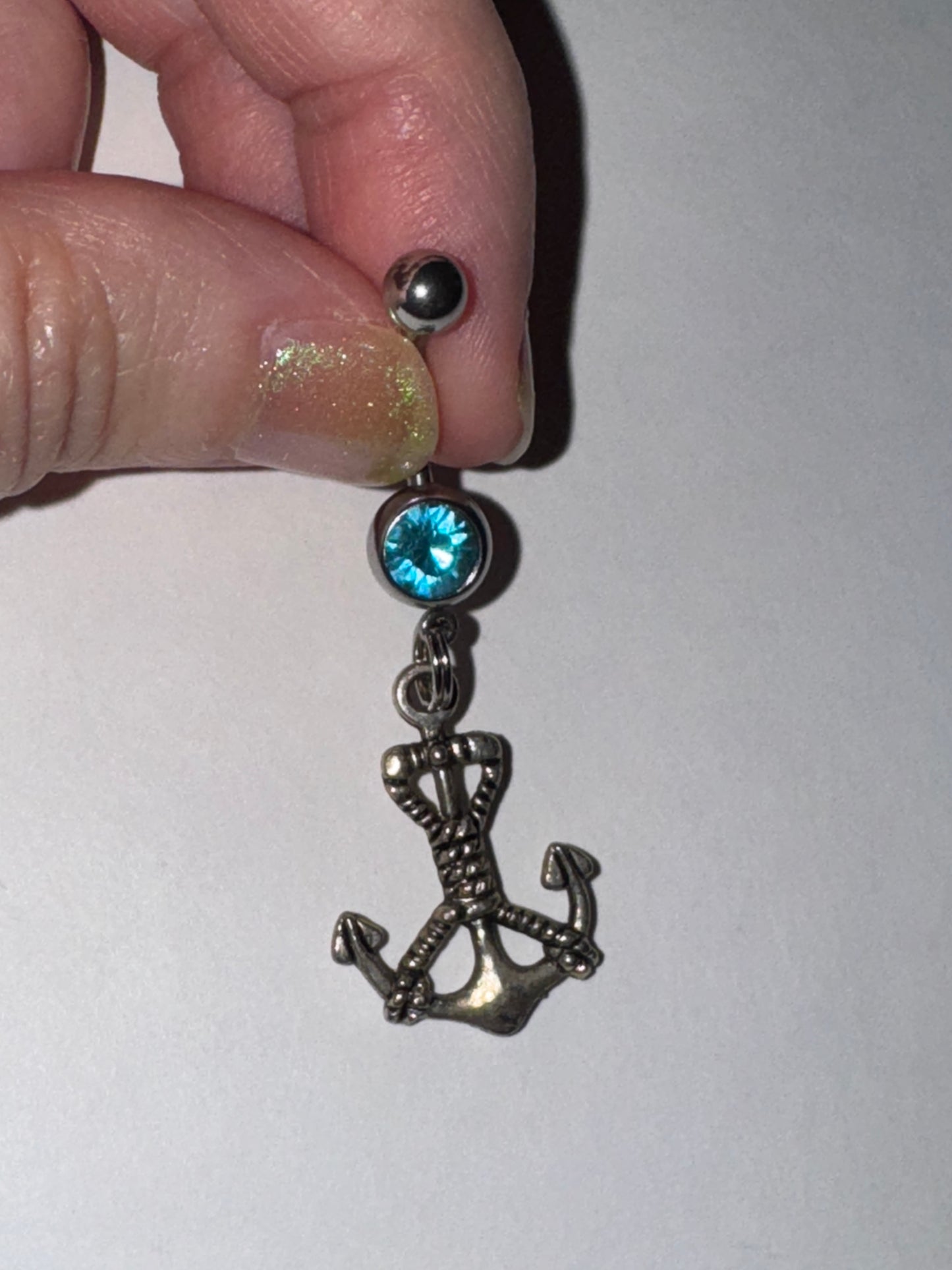 Large Anchor with Rope and Aqua Blue Gem Dangle Belly Ring
